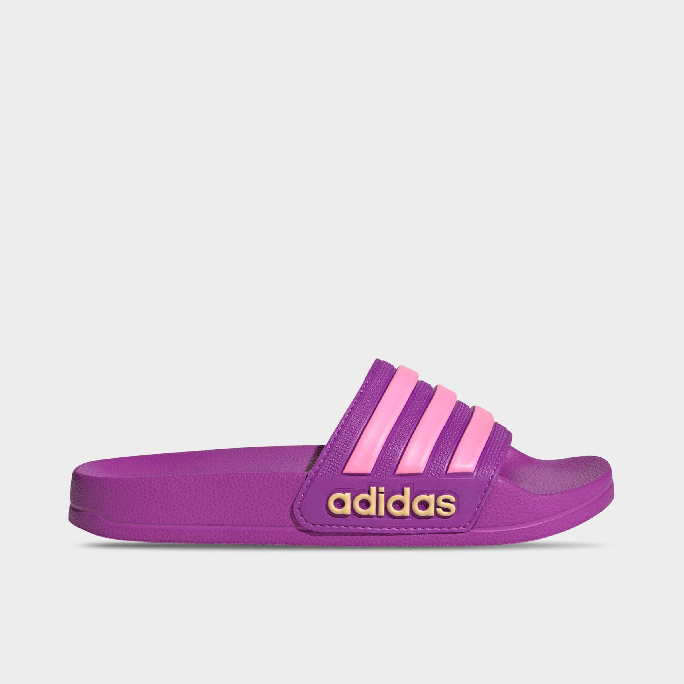 adidas Little Kids and Big Kids adilette Shower Slide Sandals in Purple Burst/Bliss Pink/Semi Ice Tangerine Size: 10.0