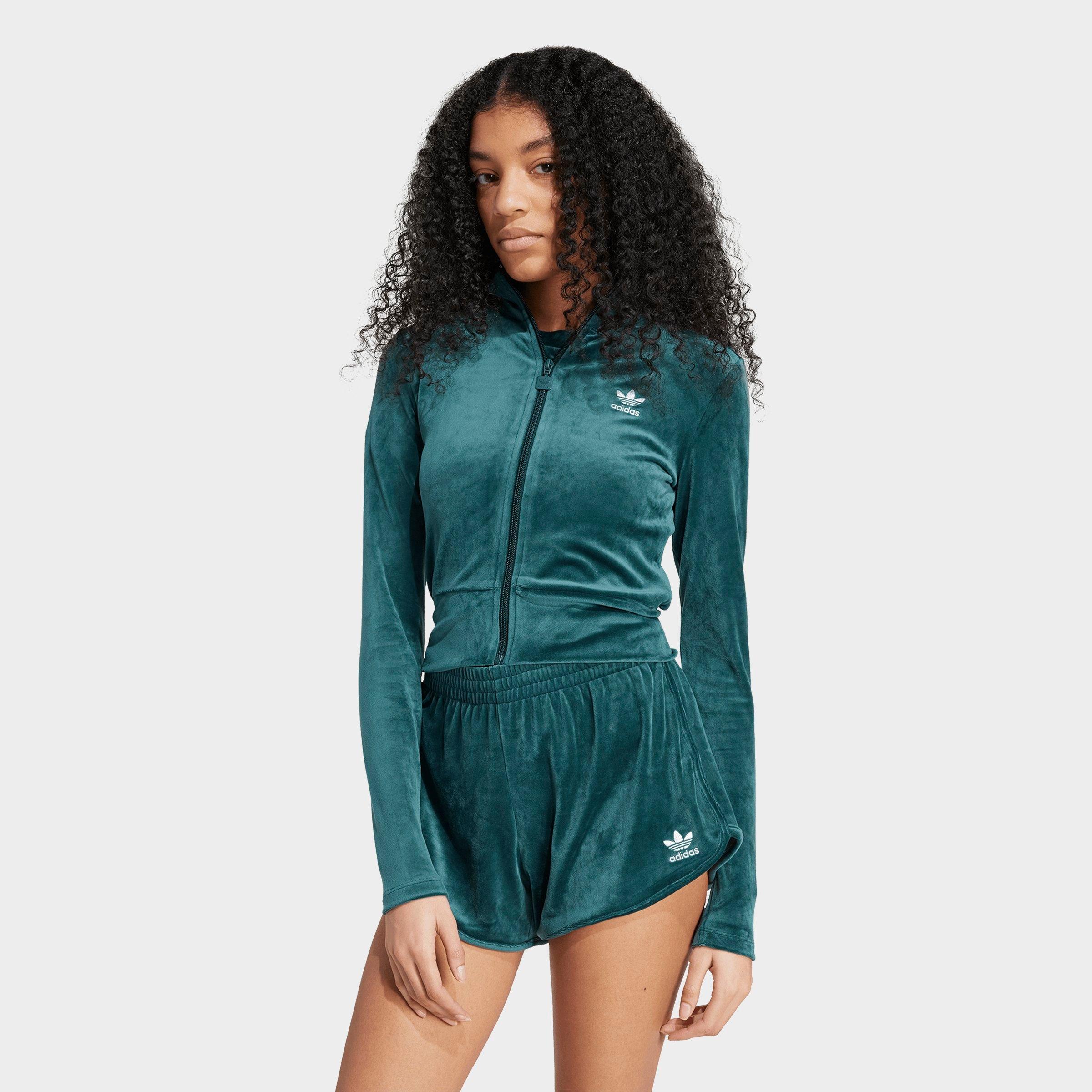 adidas Women's Originals Essentials Velvet Fitted Track Top in Aurora Ivy Size: 2XS