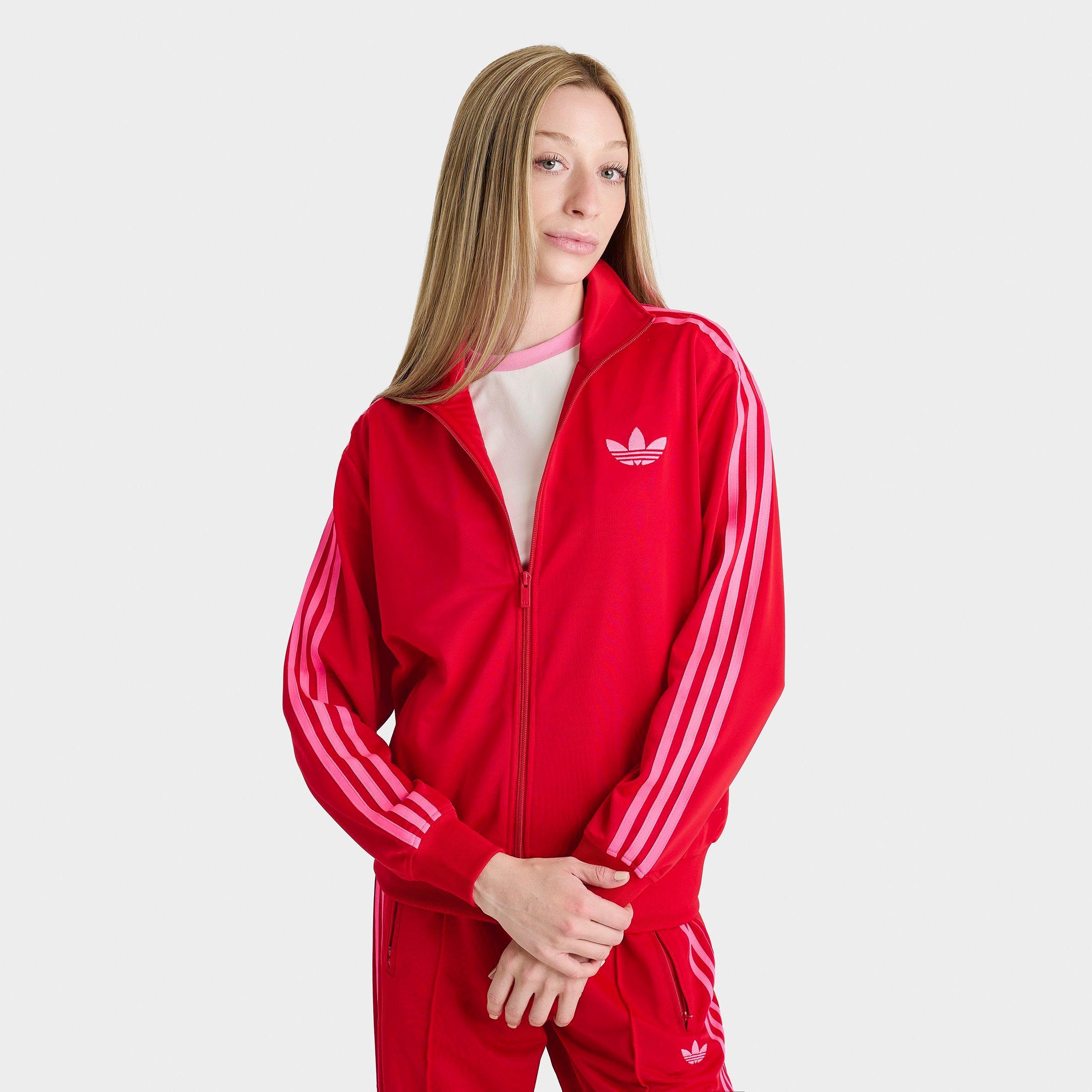 adidas Women's Originals adicolor 3-Stripes Firebird Loose Track Top in Better Scarlet/Lucid Pink Size: 2XS