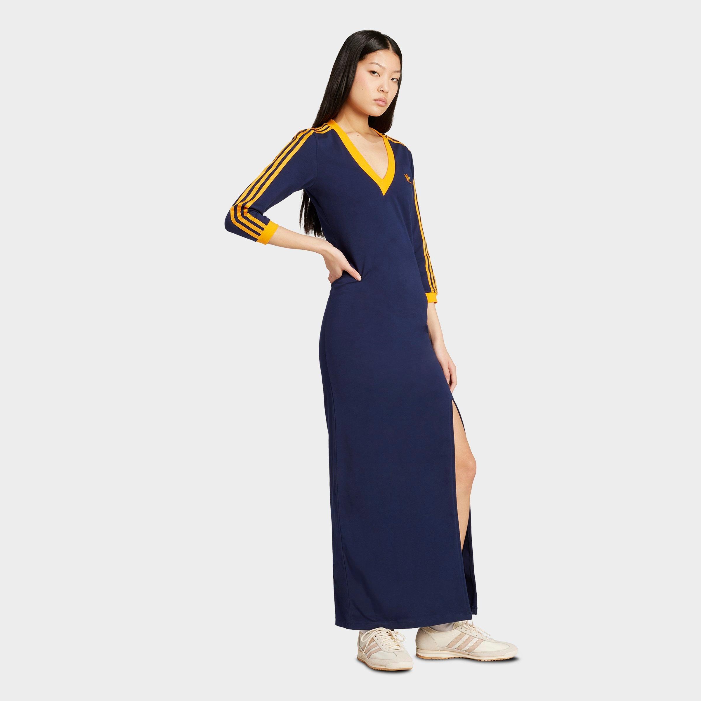 adidas Women's Originals adicolor Classics 3-Stripes V-Neck Maxi Dress in Night Indigo/Crew Orange Size: 2XS