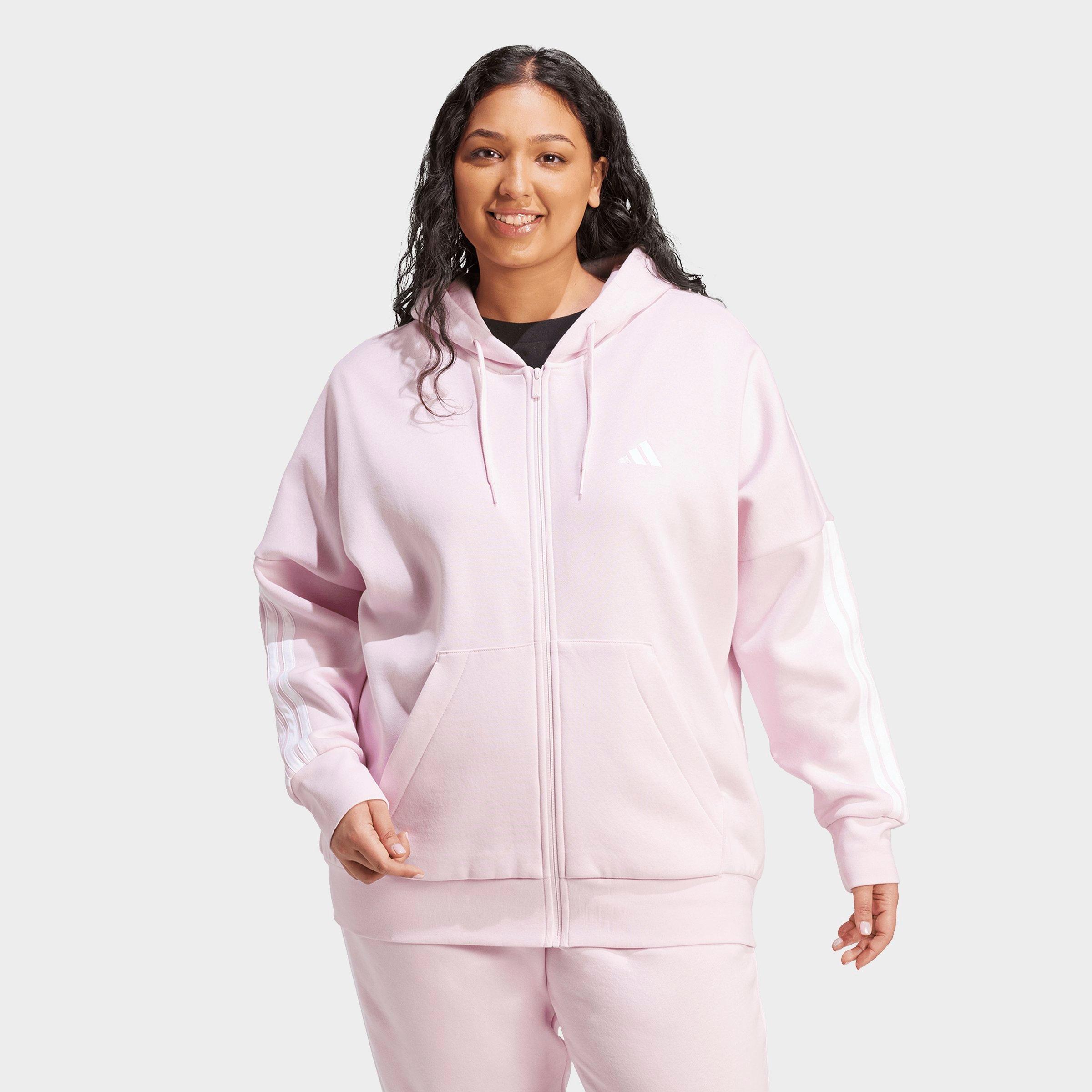 adidas Women's Sportswear Essentials 3-Stripes Full-Zip Fleece Hoodie (Plus Size) in Clear Pink/White Size: 4X