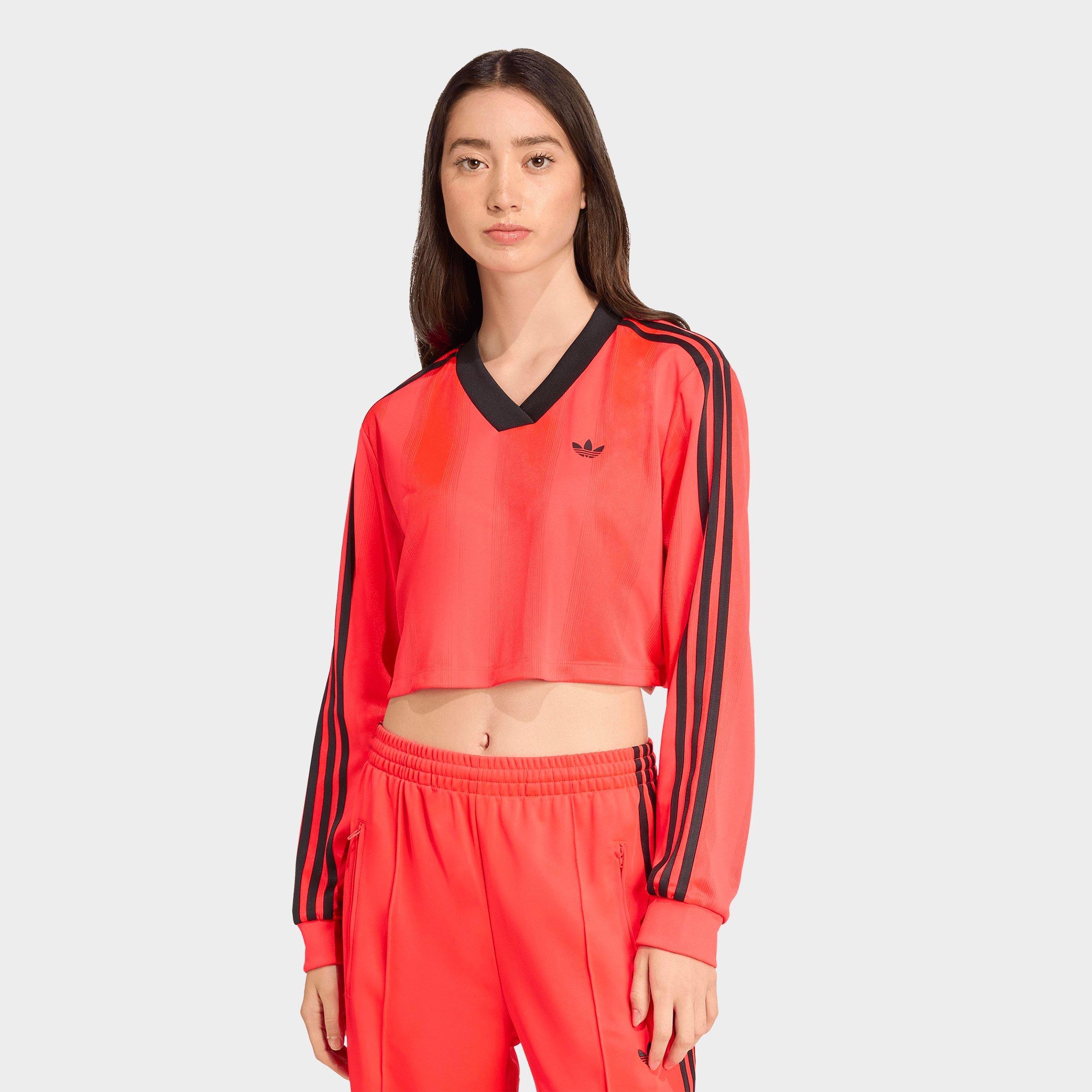 adidas Women's Originals adicolor Soccer Jacquard Long-Sleeve Crop T-Shirt in Lucid Red/Black Size: 2XS