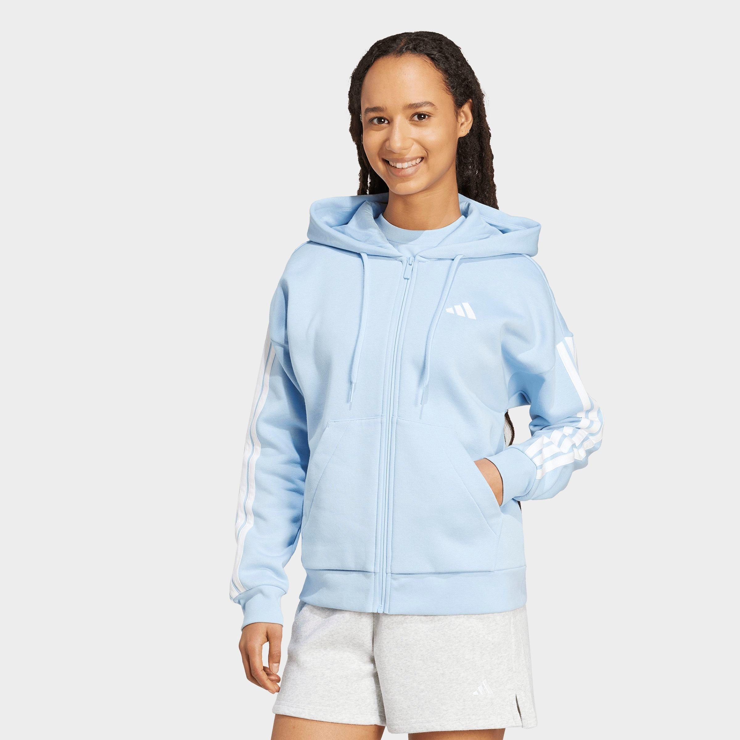 adidas Women's Essentials 3-Stripes Fleece Full-Zip Hoodie in Glow Blue/White Size: XL