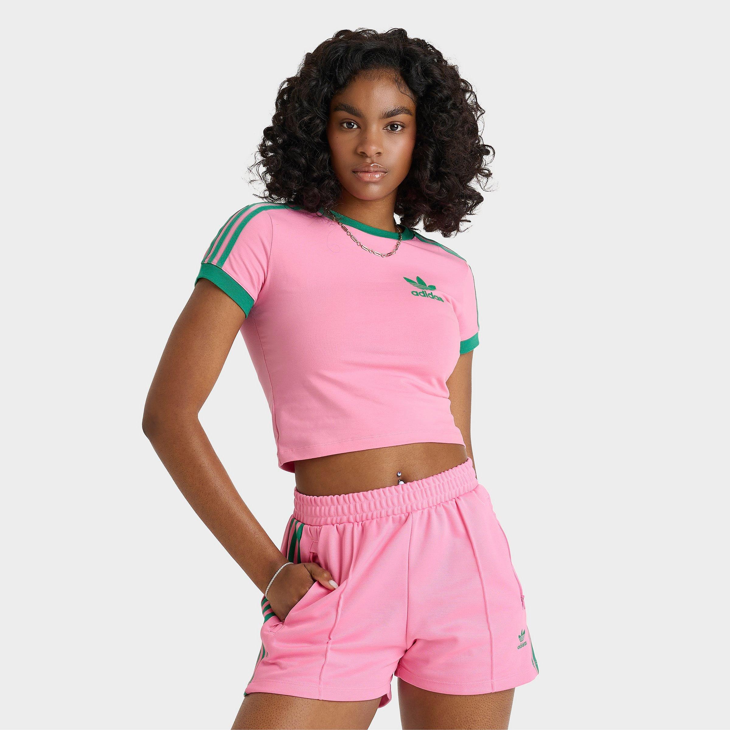 Adidas Women's Originals 3 Stripes Slim Baby T-Shirt in Pink/Bliss Pink Size XS Cotton