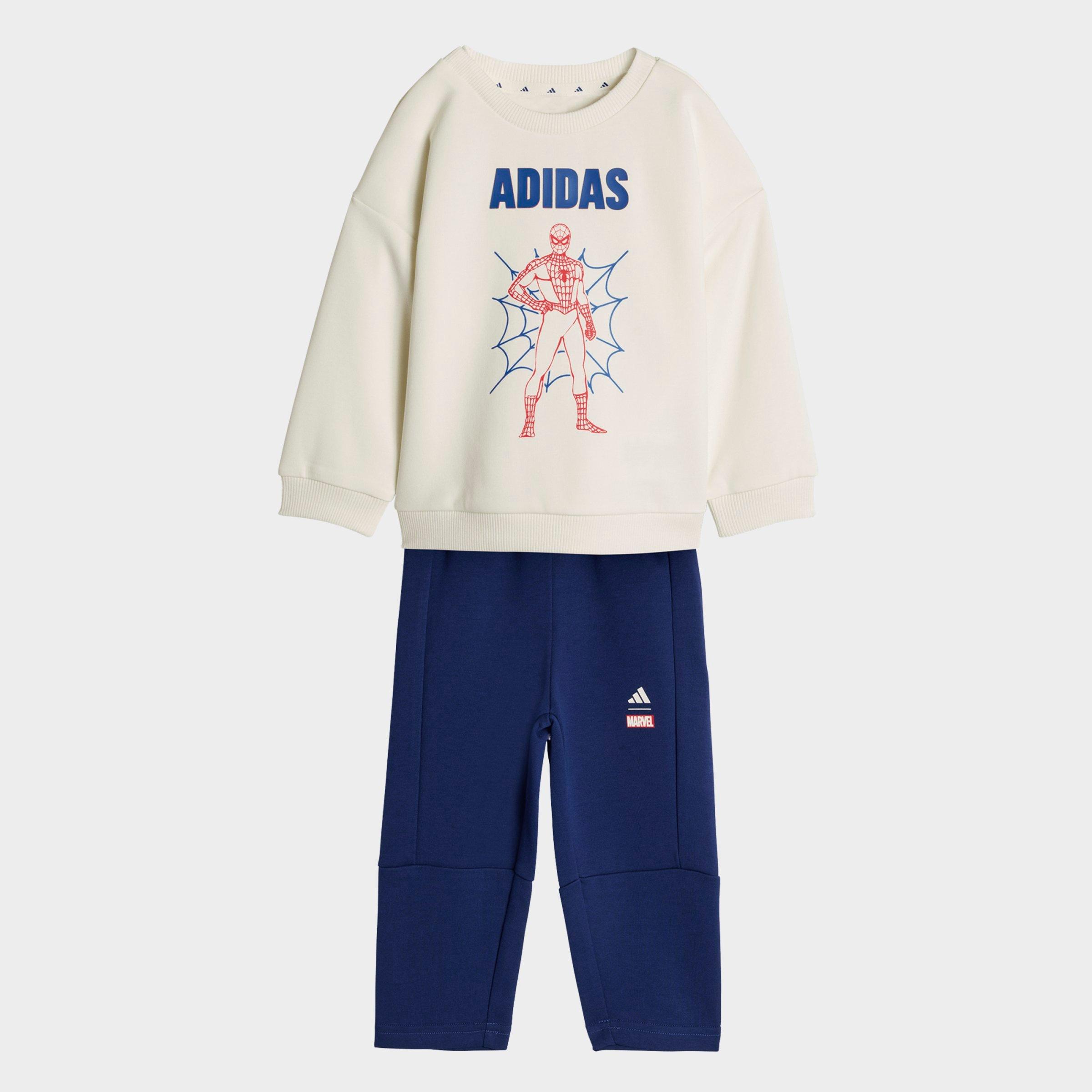 adidas Infant and Toddler x Spider-Man Crewneck Sweatshirt and Jogger Pants Set in Off White/Dark Blue Size: 12M