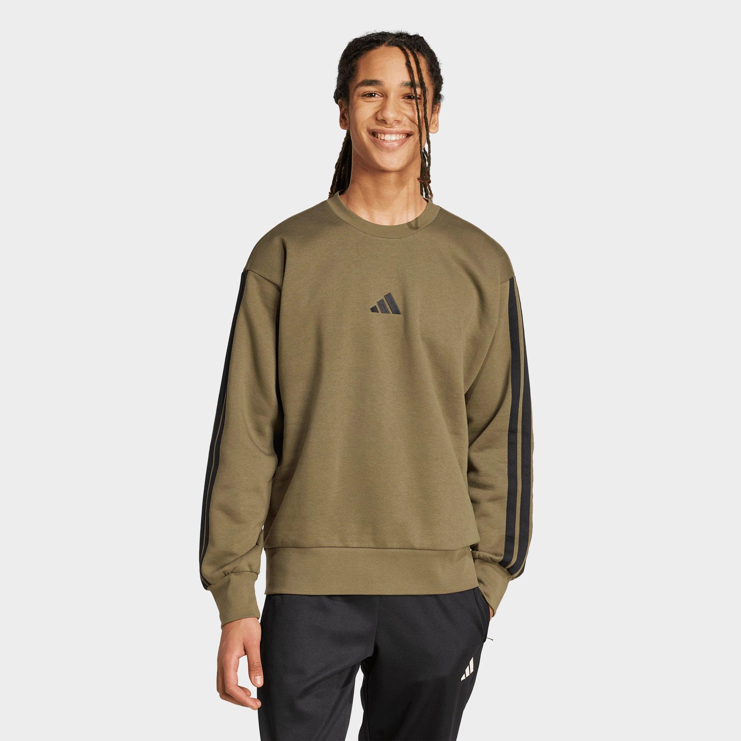 adidas Men's Essentials 3-Stripes Fleece Crewneck Sweatshirt in Olive Strata/Black Size: XL