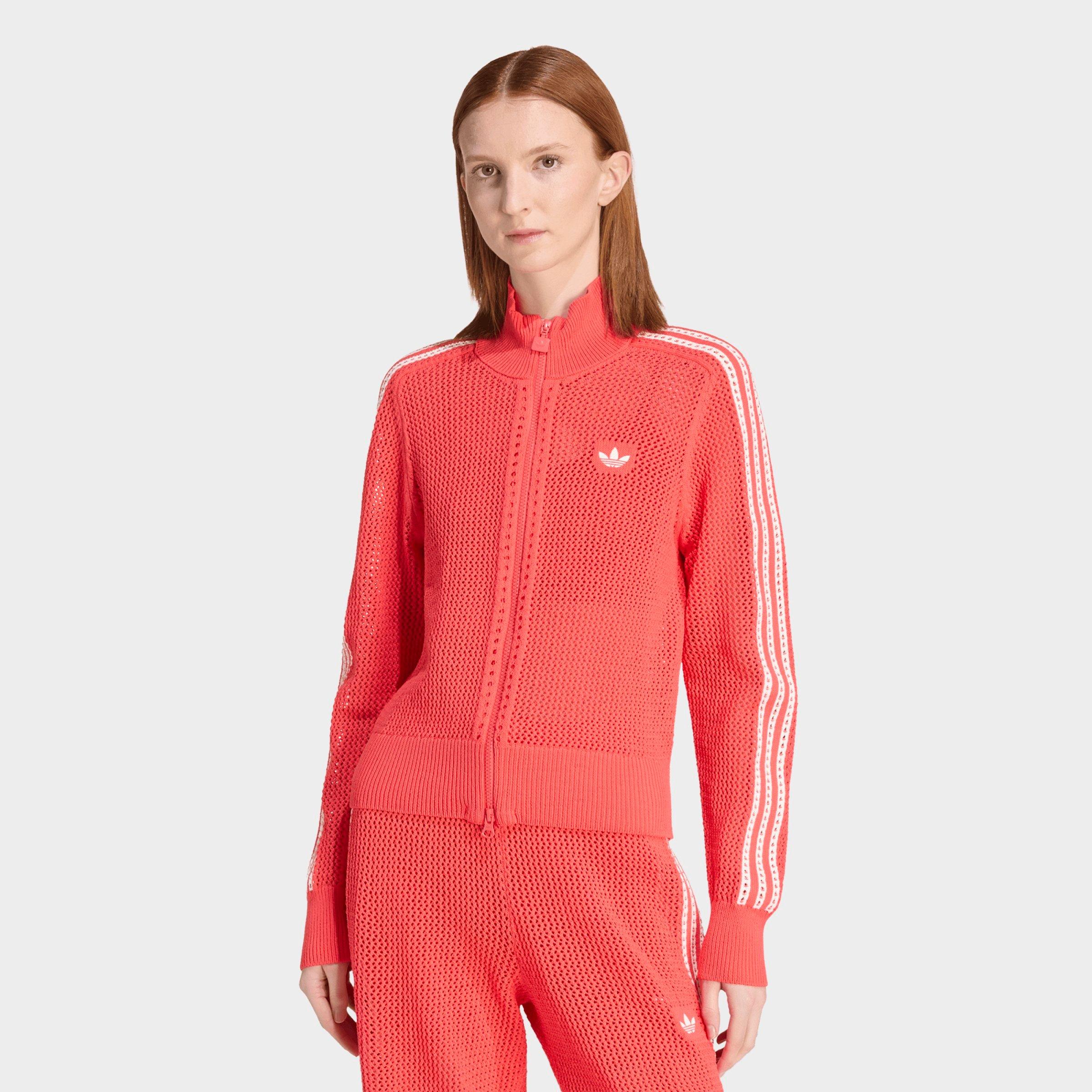 adidas Women's Originals Knitted Crochet Firebird Track Top in Semi Lucid Red Size: