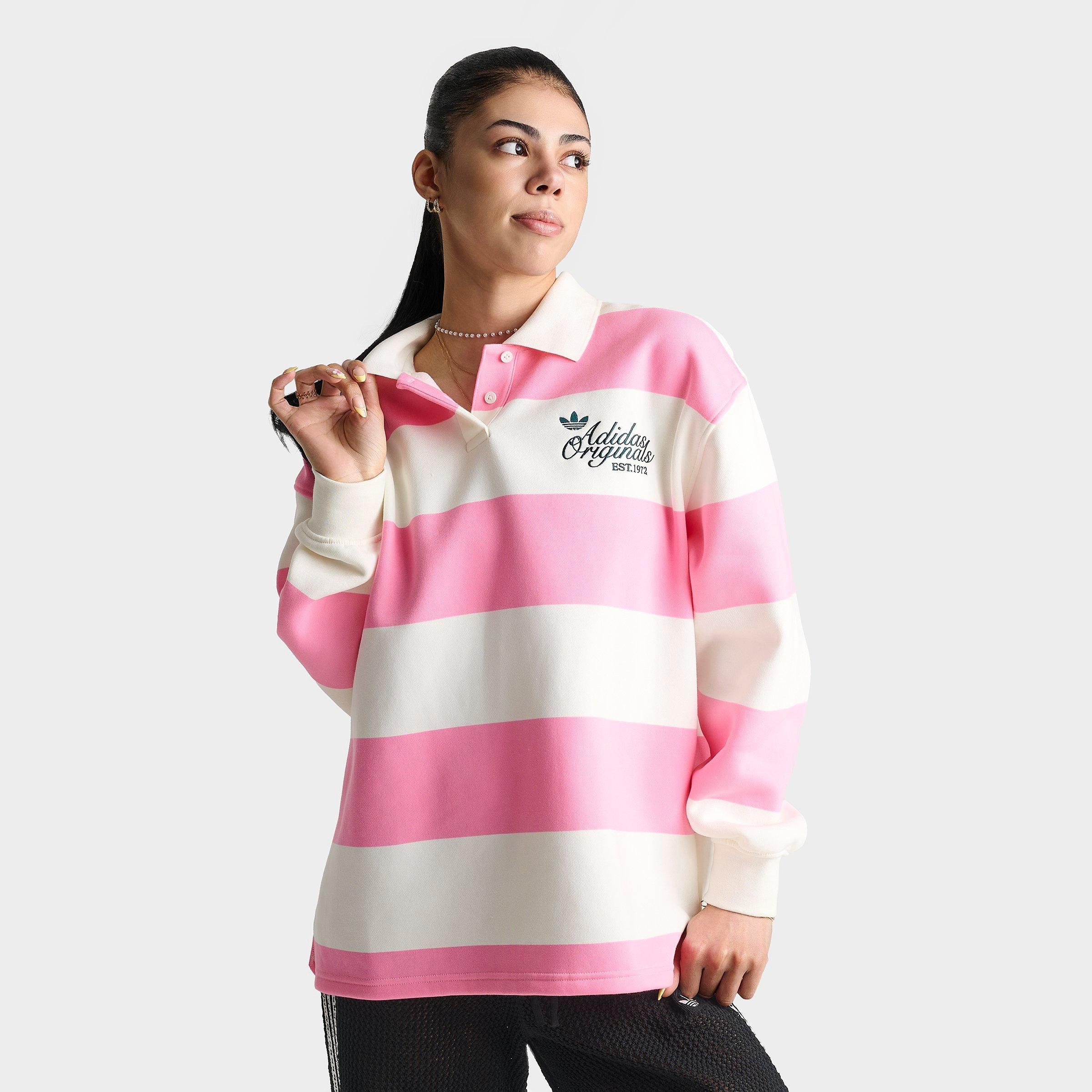 adidas Women's Originals Striped Long-Sleeve Collar Crewneck Sweatshirt in Semi Pink Glow Size: XL