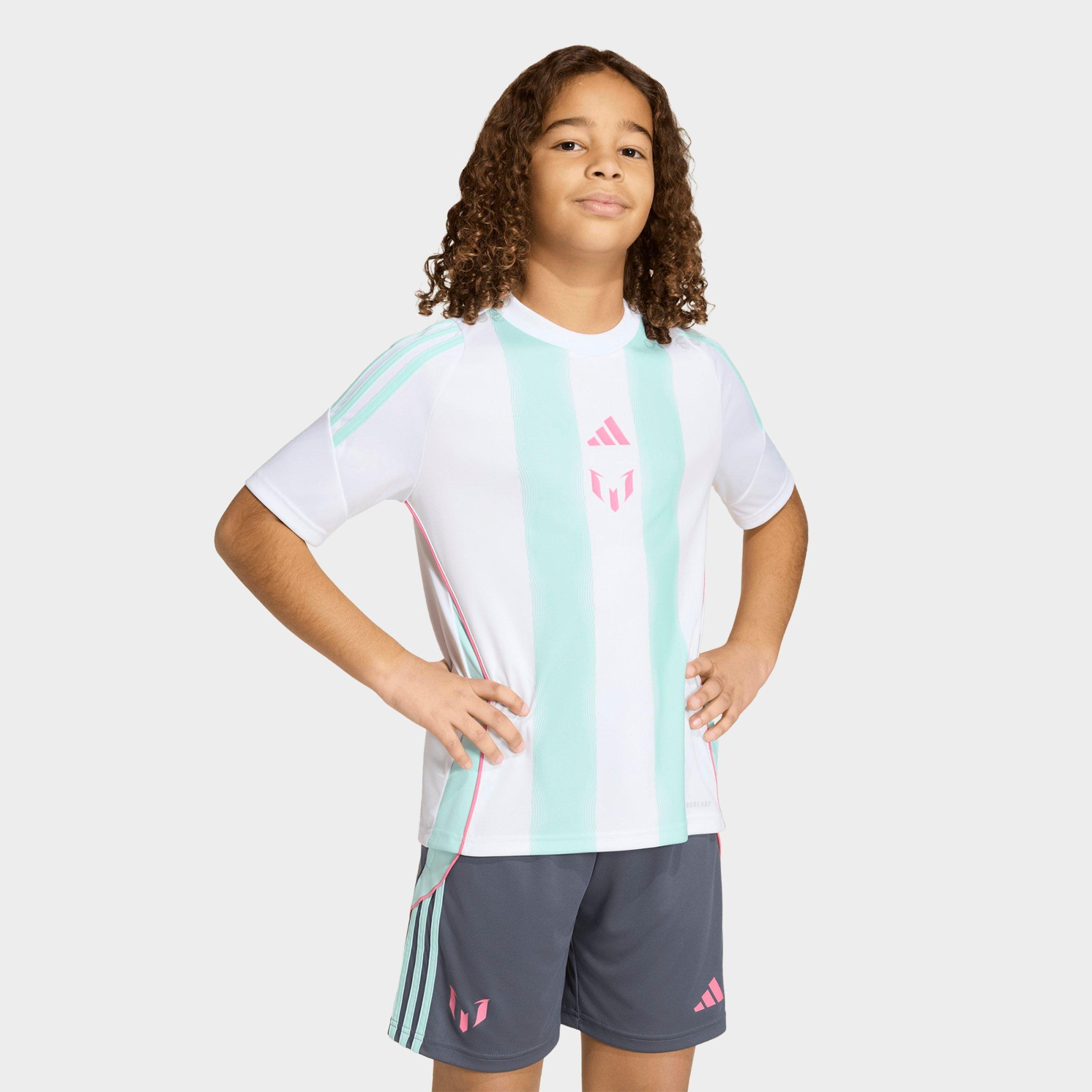 adidas Big Kids Messi Training Soccer Jersey in White/Semi Flash Aqua Size: XS