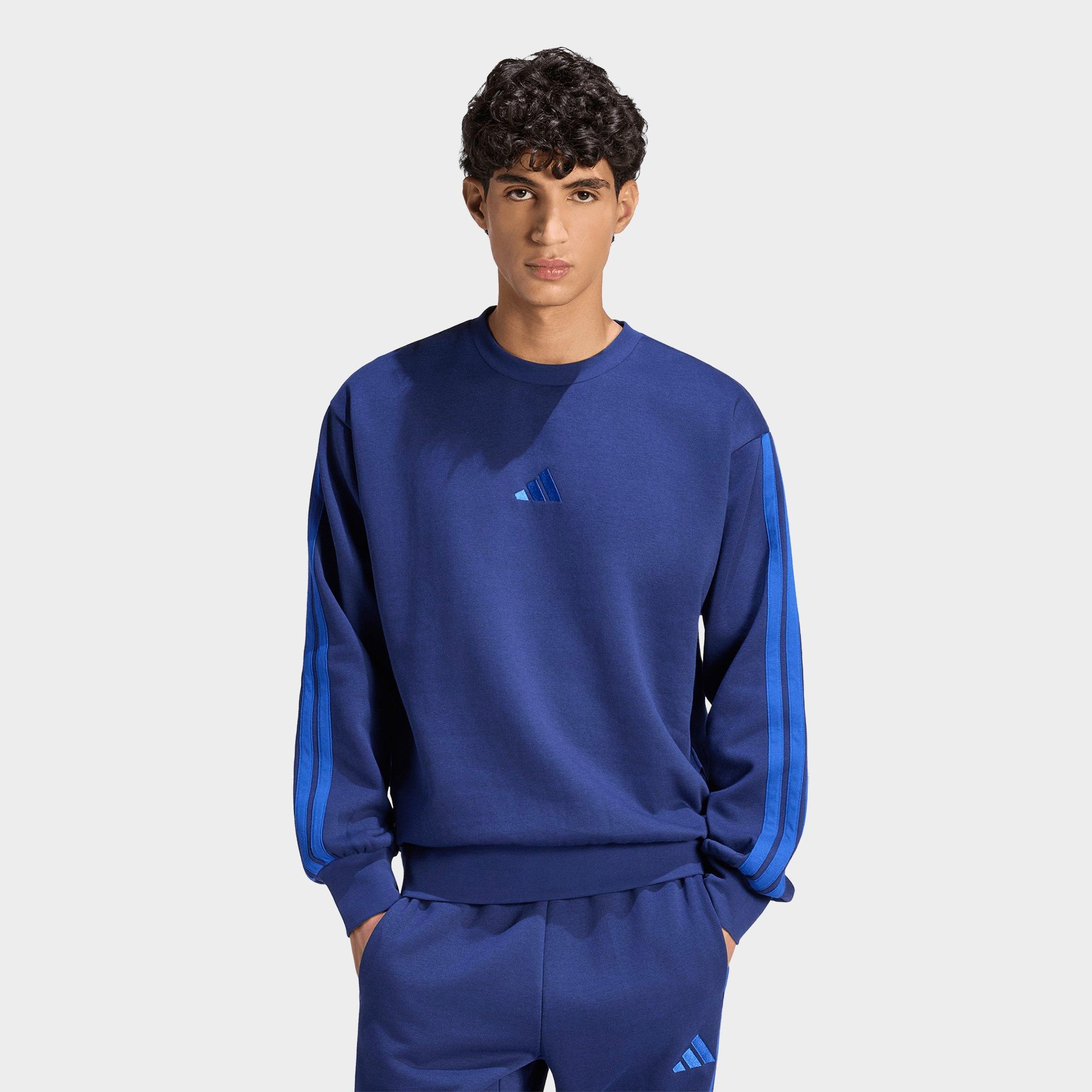 adidas Men's Essentials 3-Stripes Fleece Crewneck Sweatshirt in Dark Blue/Team Royal Blue Size: Large