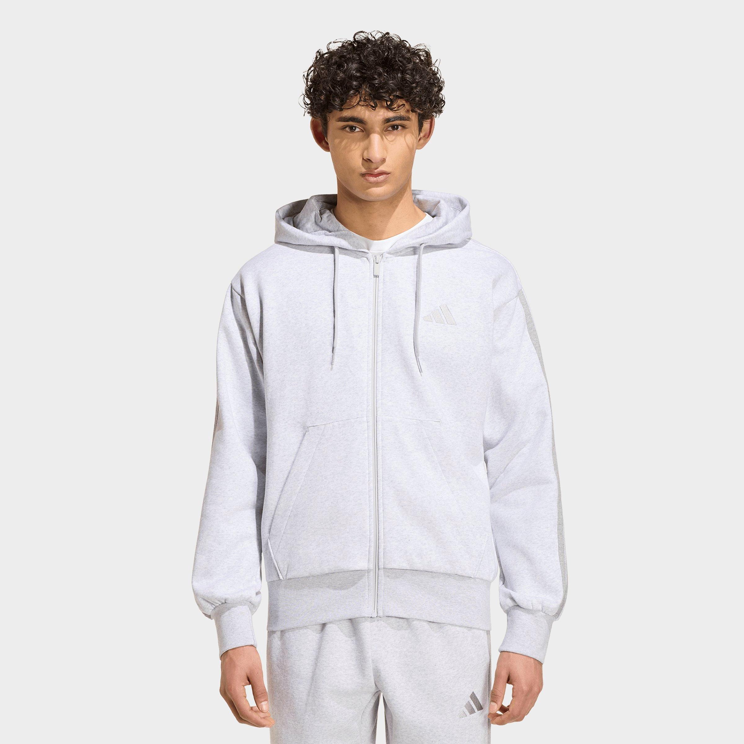 adidas Men's Essentials 3-Stripes Fleece Full-Zip Hoodie in Light Grey Heather/Medium Grey Heather Size: Small