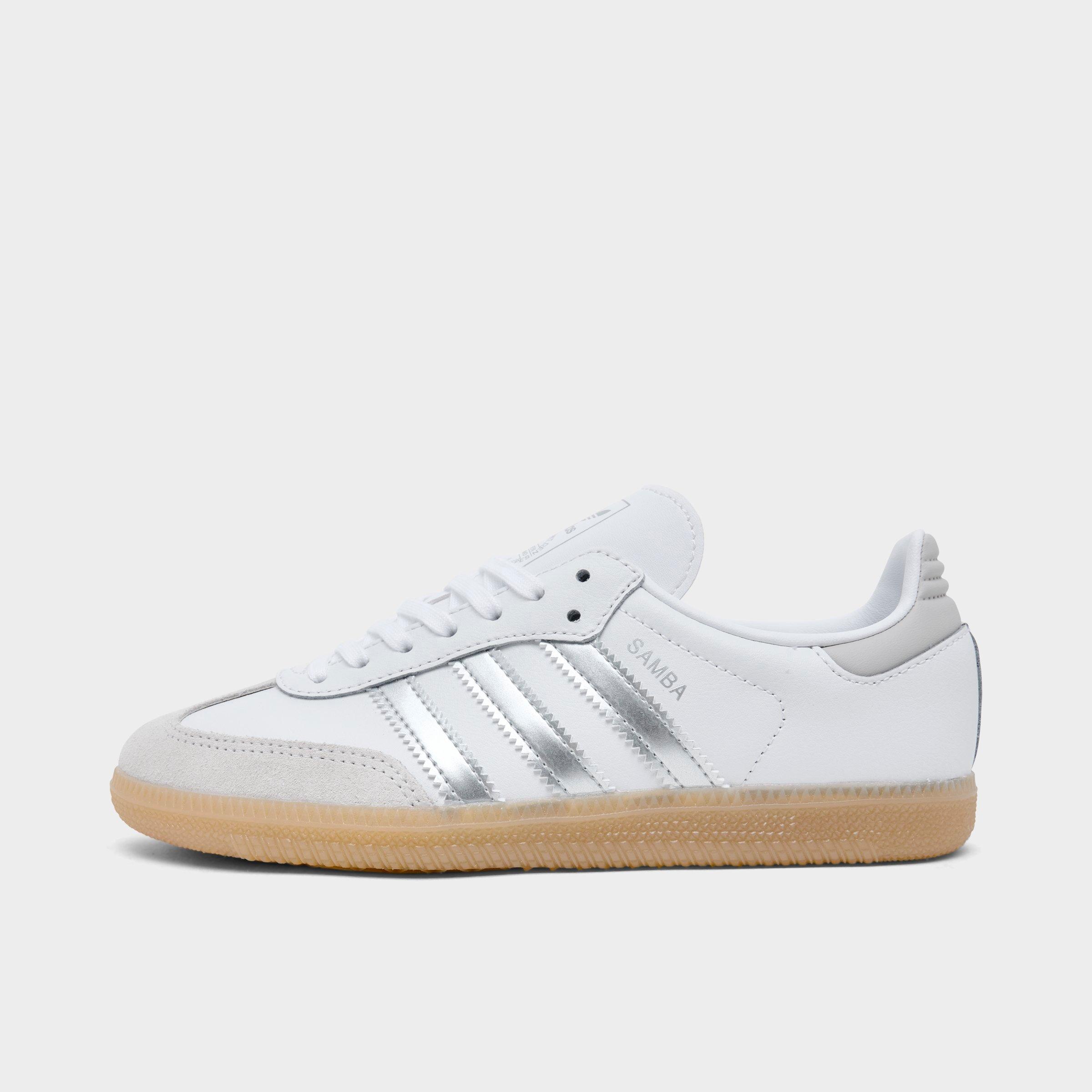 adidas Big Kids Originals Samba OG Casual Shoes in White/Metallic Silver Size: 7.0