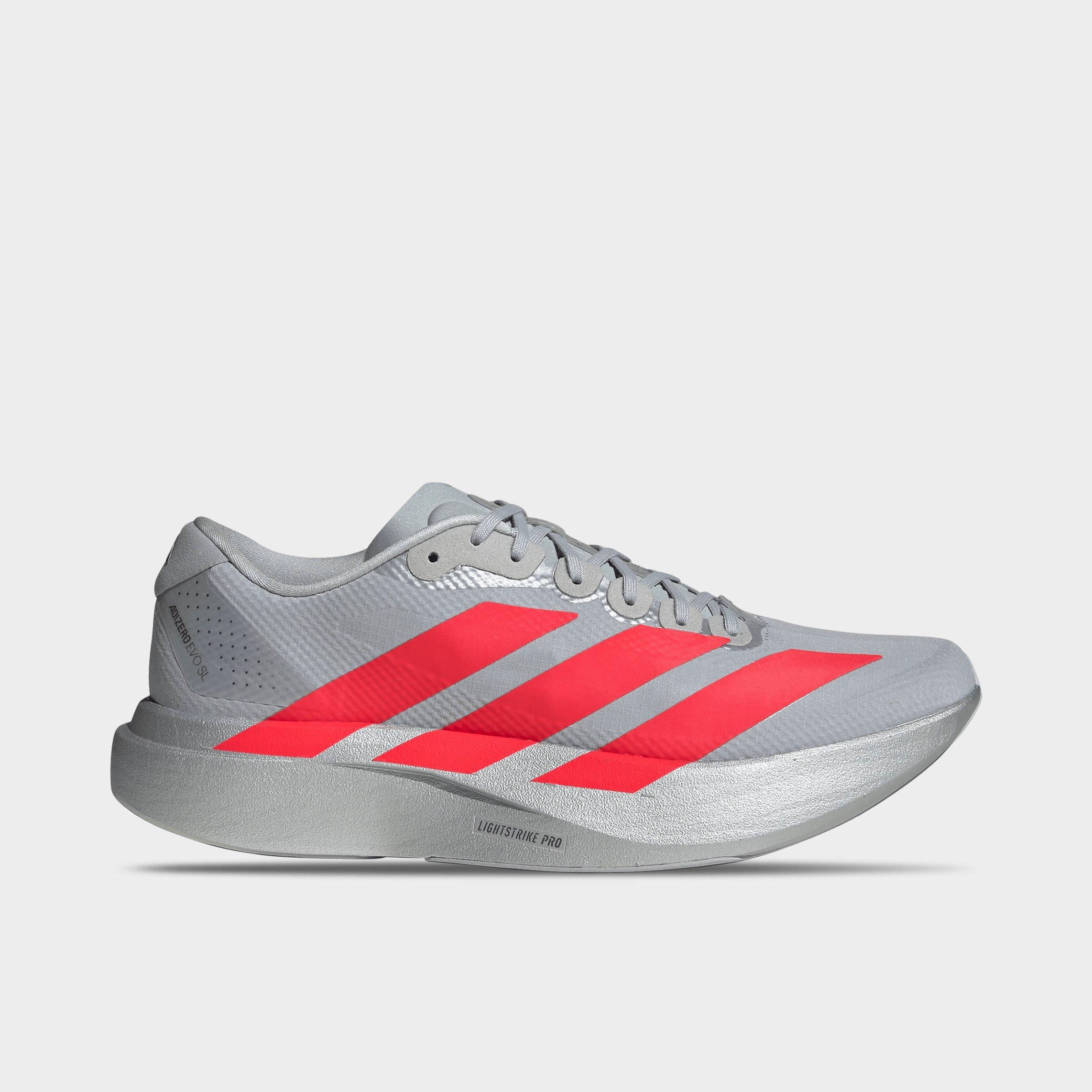 adidas Men's Adizero EVO SL Woven Running Shoes in Silver Metallic/Lucid Red/Iron Metallic Size: 12.0