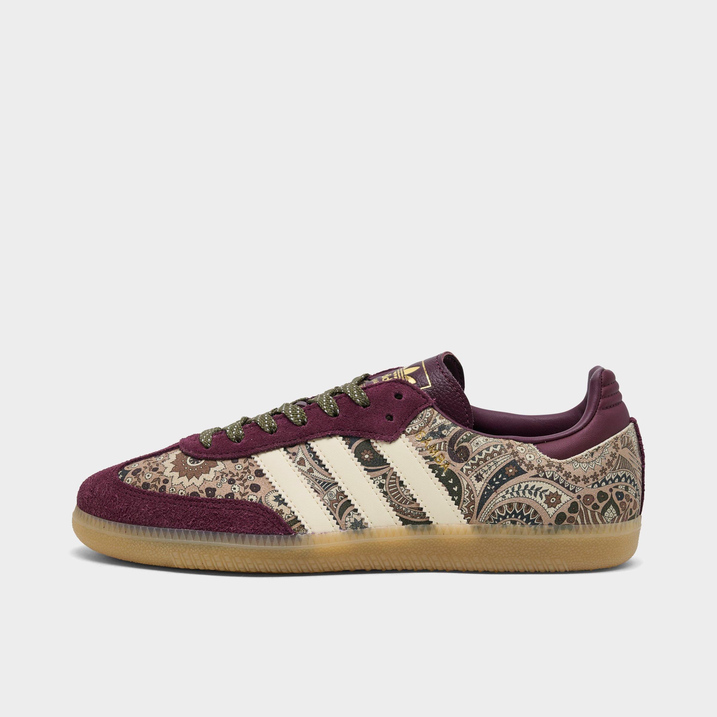 adidas Women's Originals x Liberty London Samba OG Casual Shoes in Maroon/Warm Vanilla/Olive Strata Size: 7.5