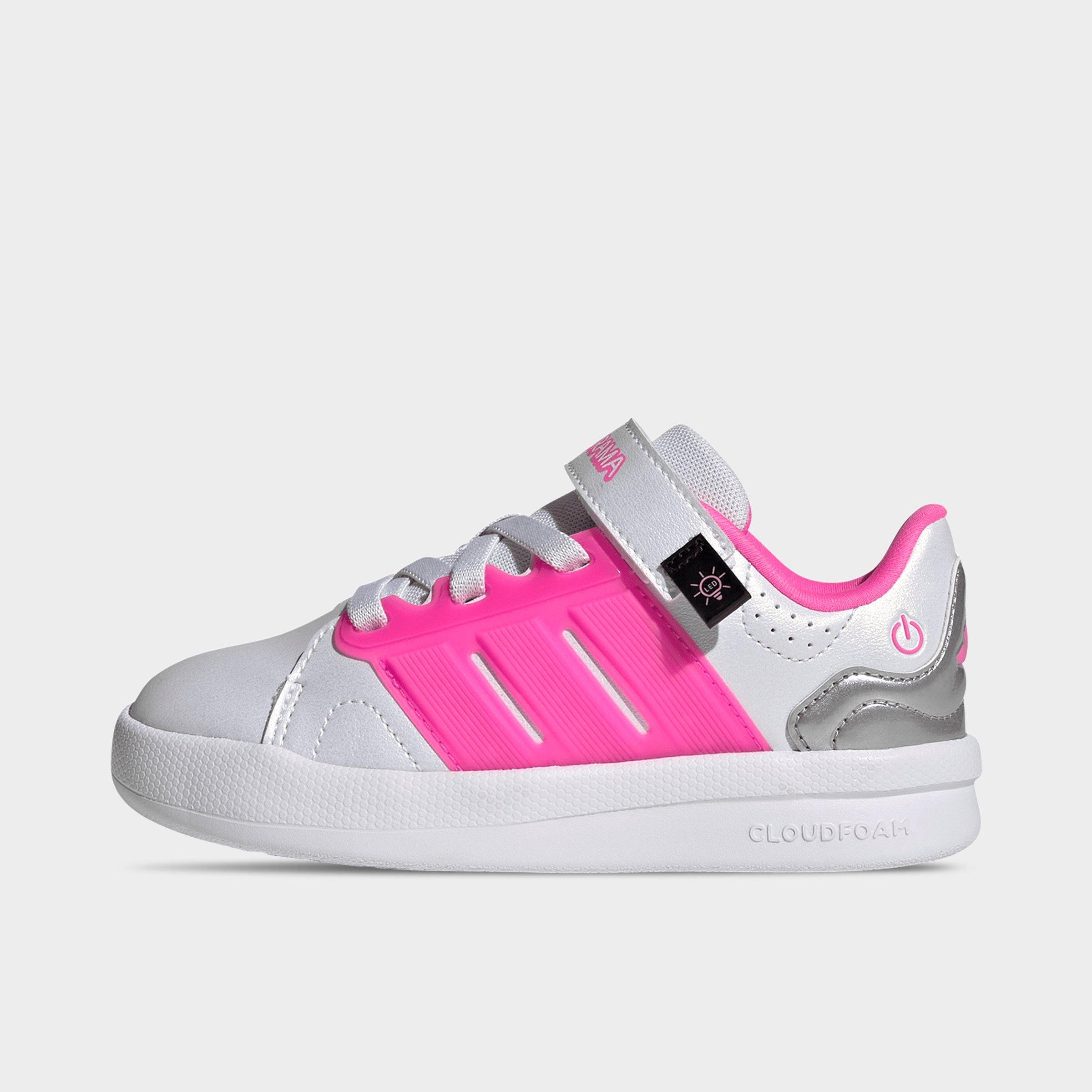 adidas Girls' Little Kids Lightorama Court Stretch Lace Hook-And-Loop Casual Shoes in White/Lucid Pink/Silver Metallic Size: 10.5