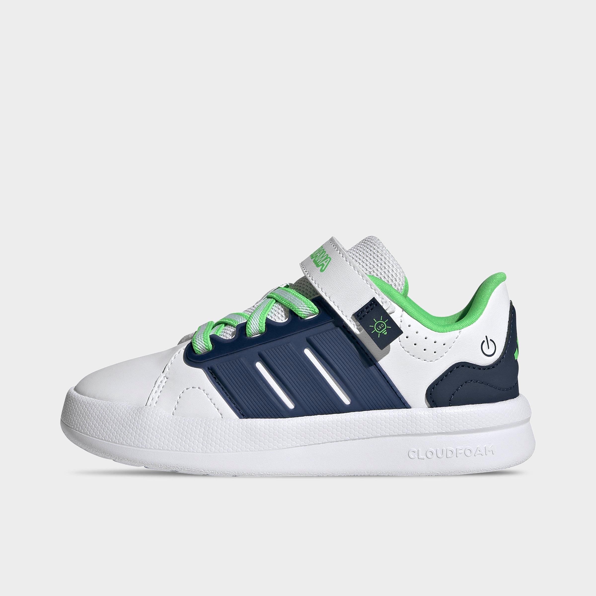 adidas Little Kids Lightorama Court Stretch Lace Hook-And-Loop Casual Shoes in Cloud White/Night Indigo/Screaming Green Size: 2.0