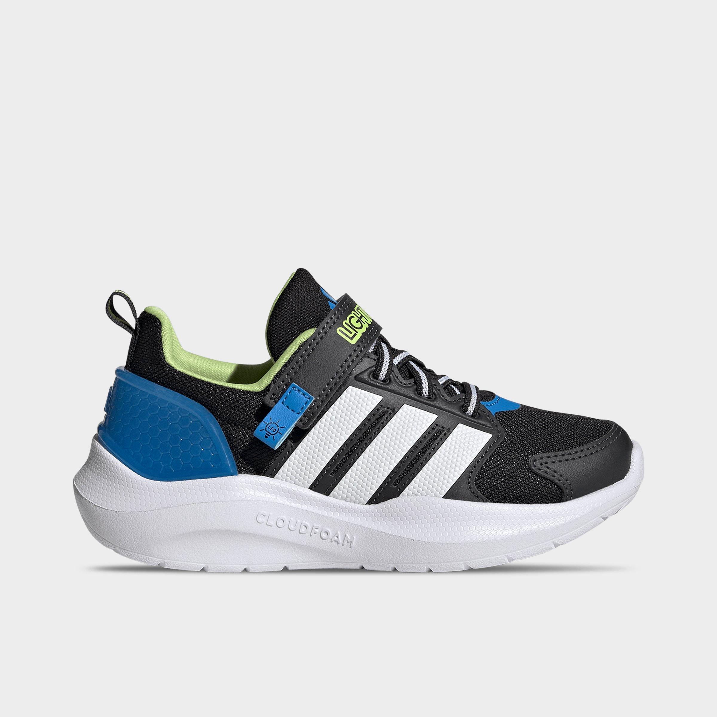 adidas Little Kids Lightorama Runner Hook-And-Loop Stretch Lace Casual Shoes in Core Black/White/Lucid Ray Blue Size: 11.5