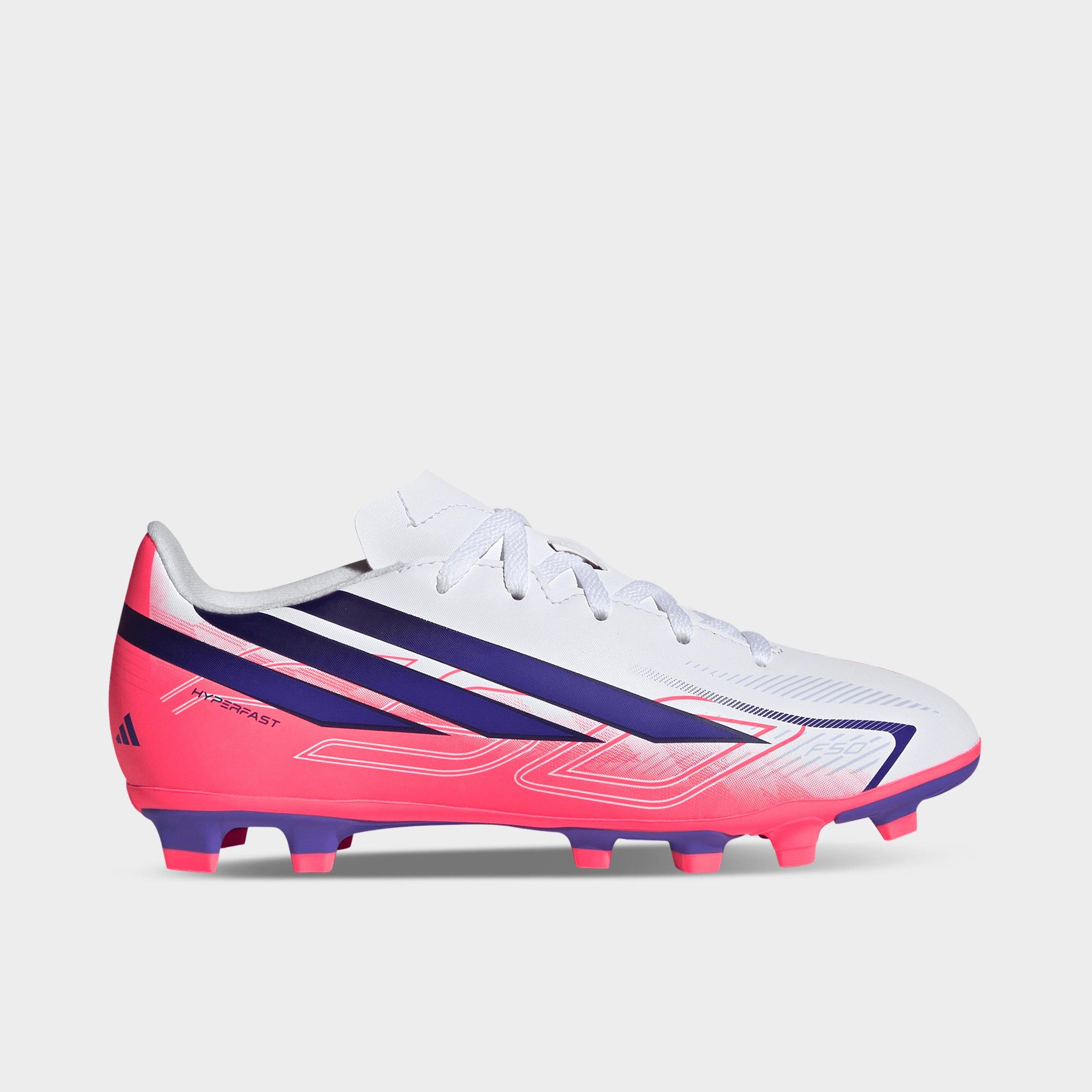adidas Big Kids F50 Hyperfast Club Firm Ground and Multi Ground Soccer Cleats in Cloud White/Solar Purple/Solar Turbo Size: 13.0