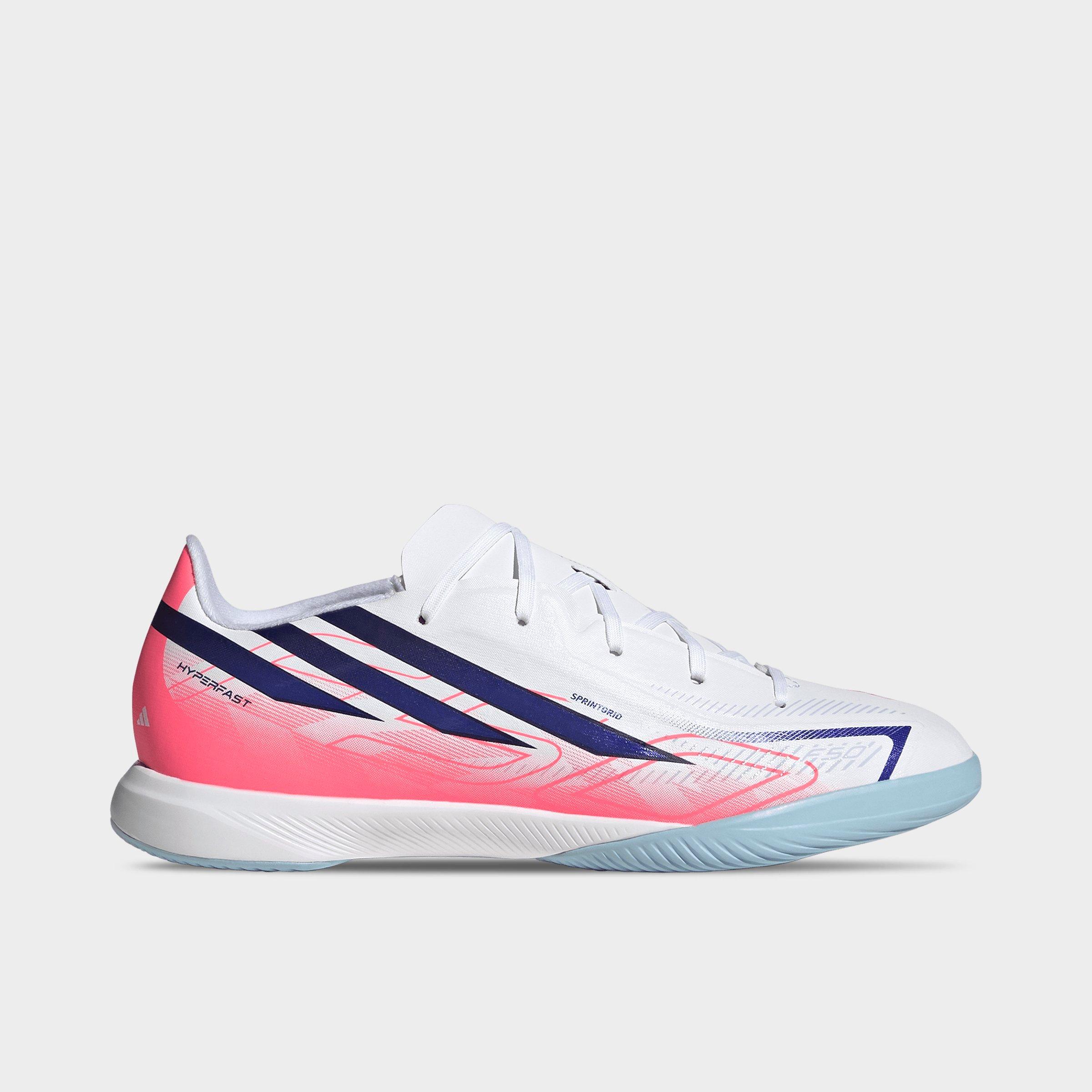 adidas Big Kids F50 Hyperfast League Indoor Soccer Shoes in White/Solar Purple/Solar Turbo Size: 11.5
