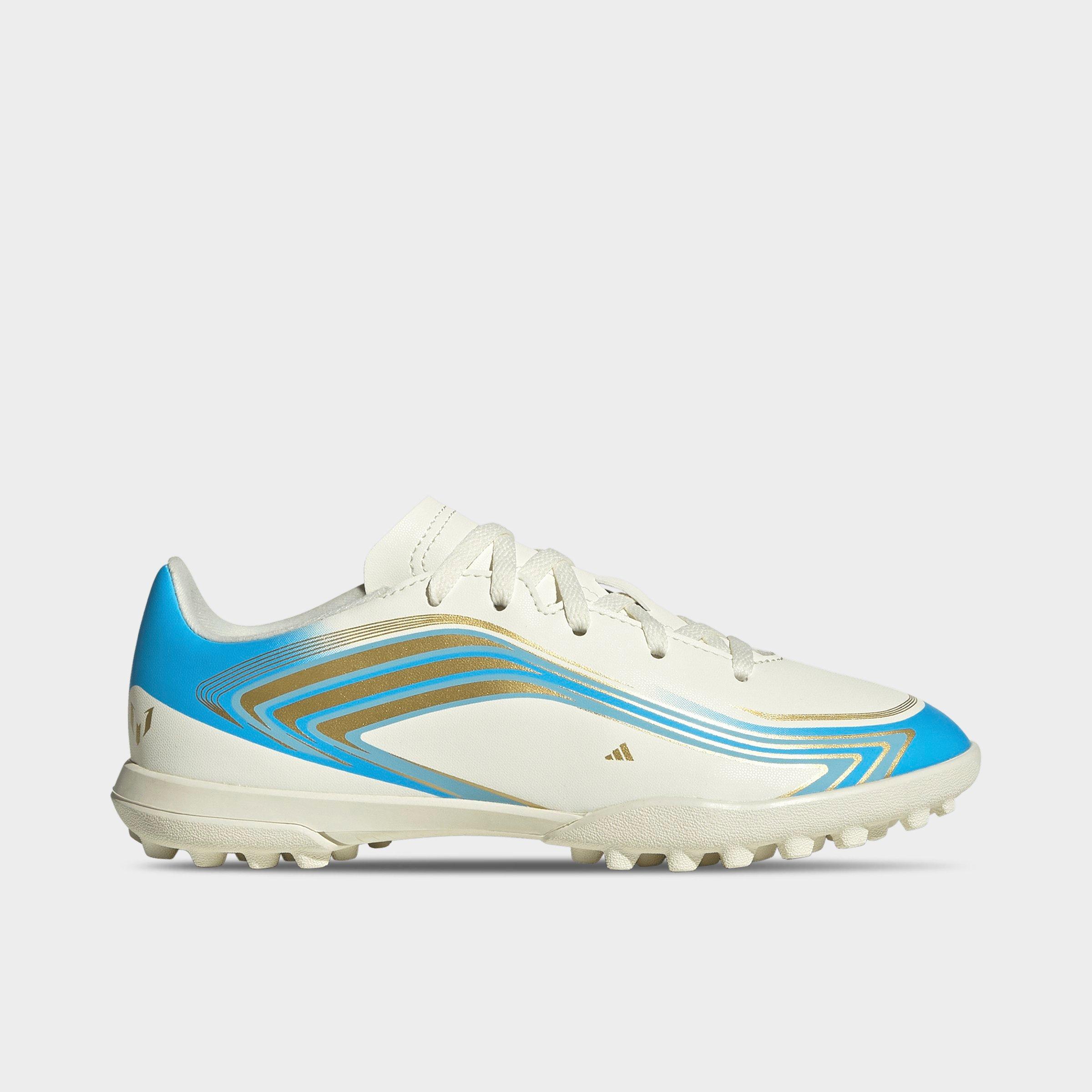 adidas Big Kids F50 Messi Club Turf Soccer Cleats in Ivory/Semi Blue Burst/Icey Blue Size: 1.0