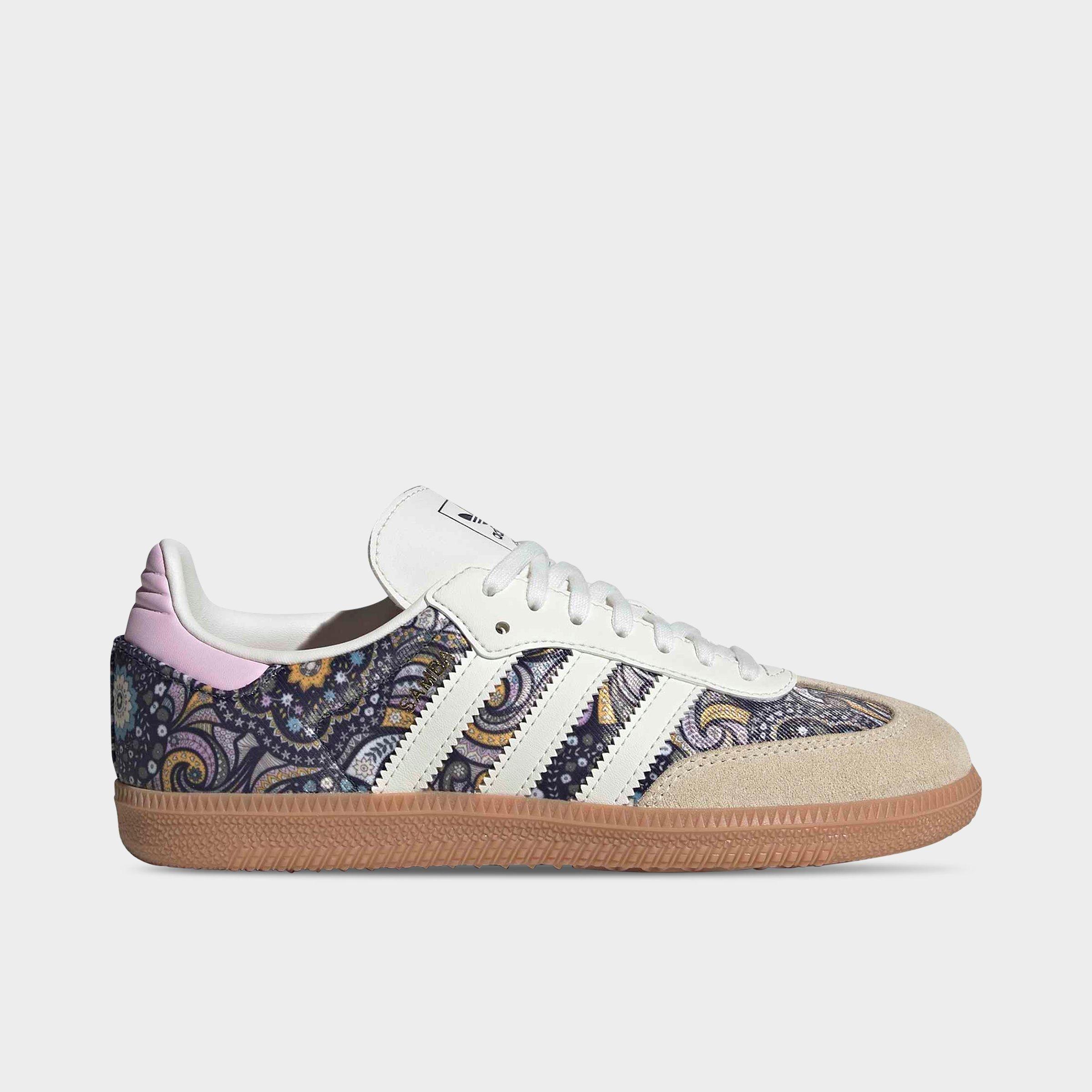 adidas Big Kids Originals x Liberty London Samba OG Casual Shoes in Core White/Orchid Fusion/Gum Size: 5.5
