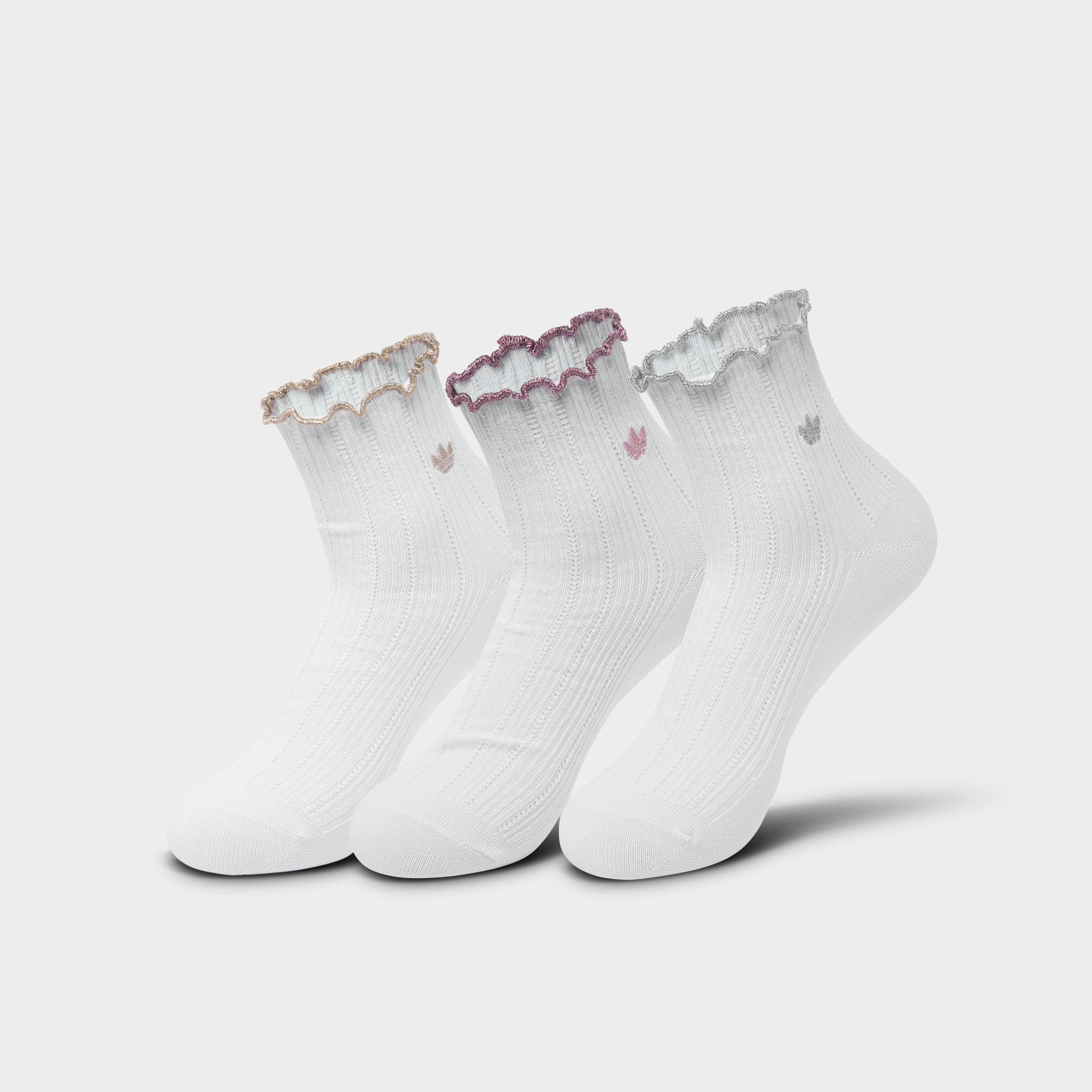 adidas Women's Originals Ruffle Quarter Socks (3-Pack) in White/Magic Mauve/Khaki Three Size: Medium