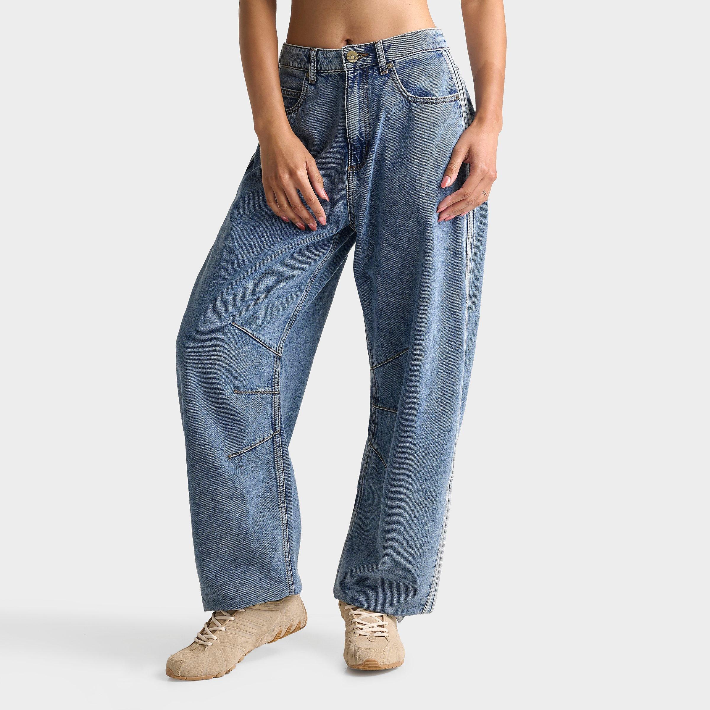 adidas Women's Originals High-Rise Barrel Leg Denim Pants in Worn Blue Denim Size: 24