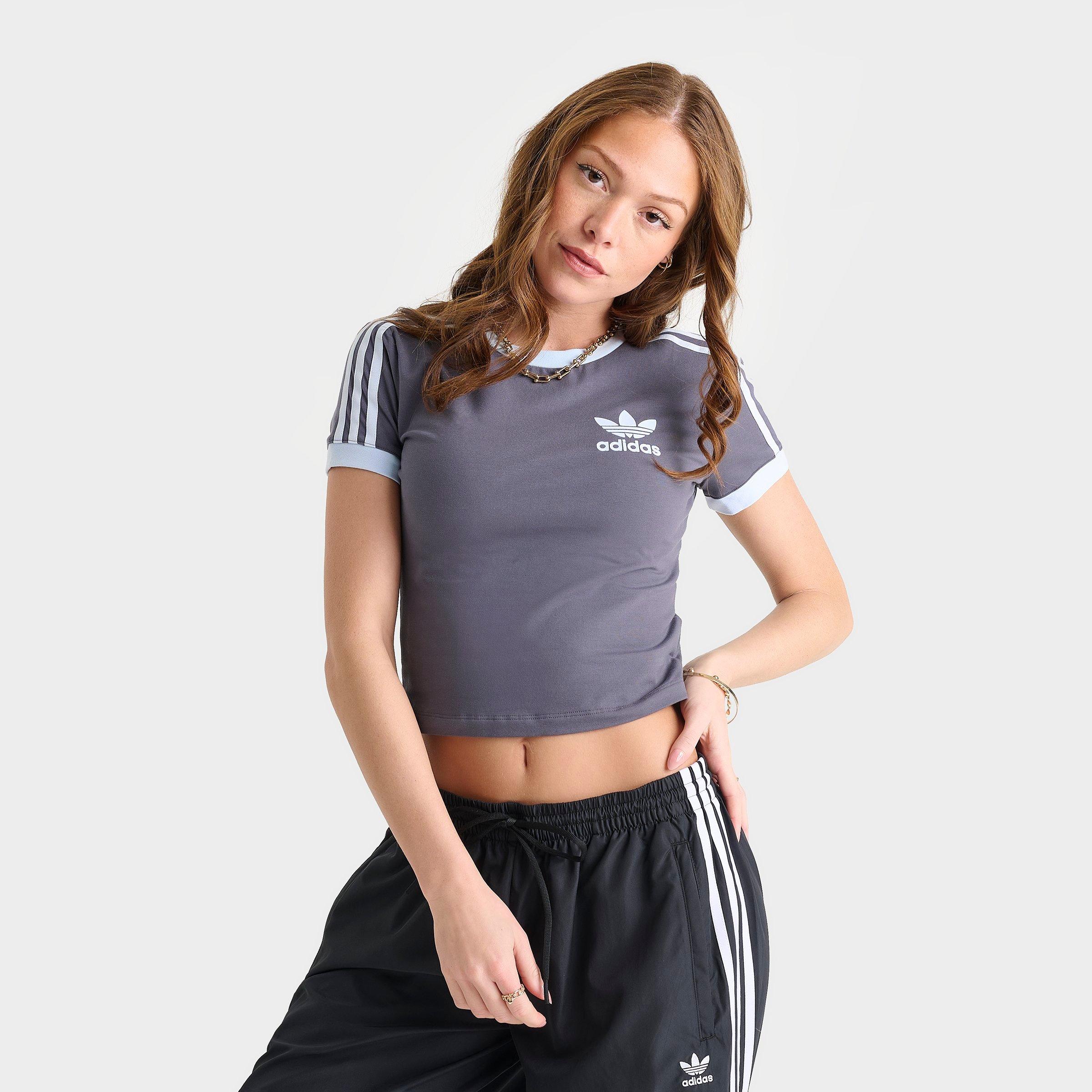 adidas Women's Originals adicolor 3-Stripes Baby T-Shirt in Dark Grey/Aurora Onix/Crystal Sky Size: XS