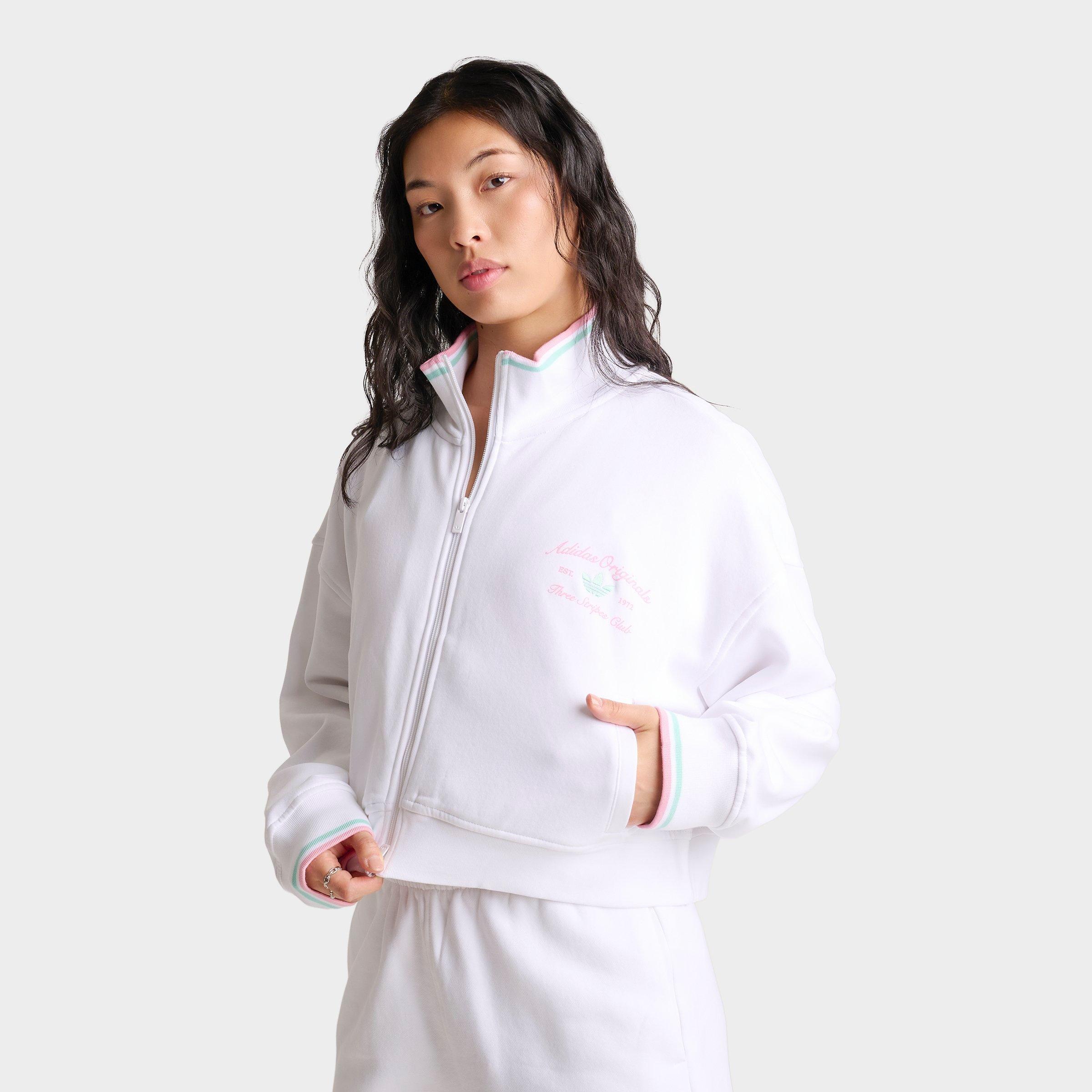 adidas Women's Originals Classic Sport Script Fleece Full-Zip Track Top in White/True Pink/Clear Mint Size: Medium