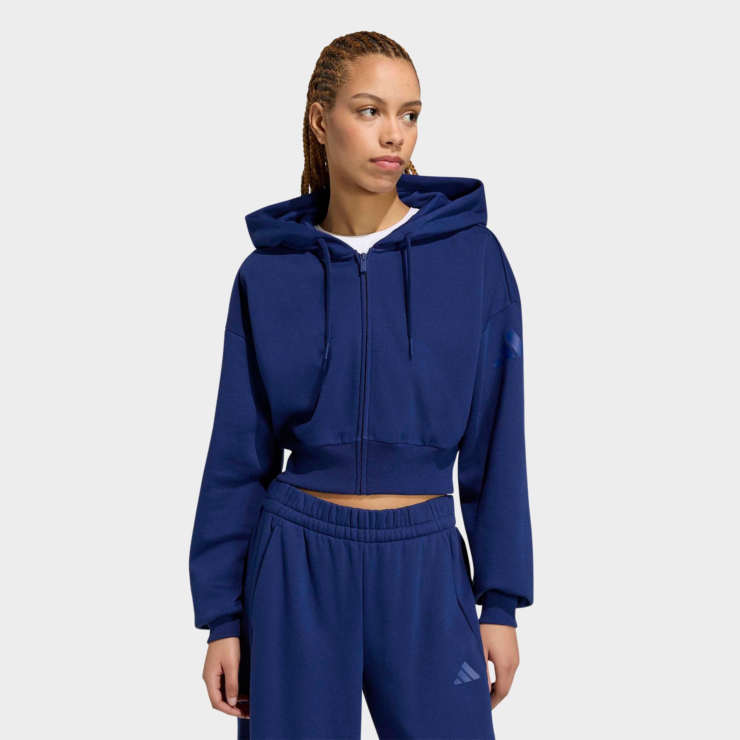 adidas Women's Essentials Contemporary Fleece Full-Zip Hooded Jacket in Dark Blue Size: XL