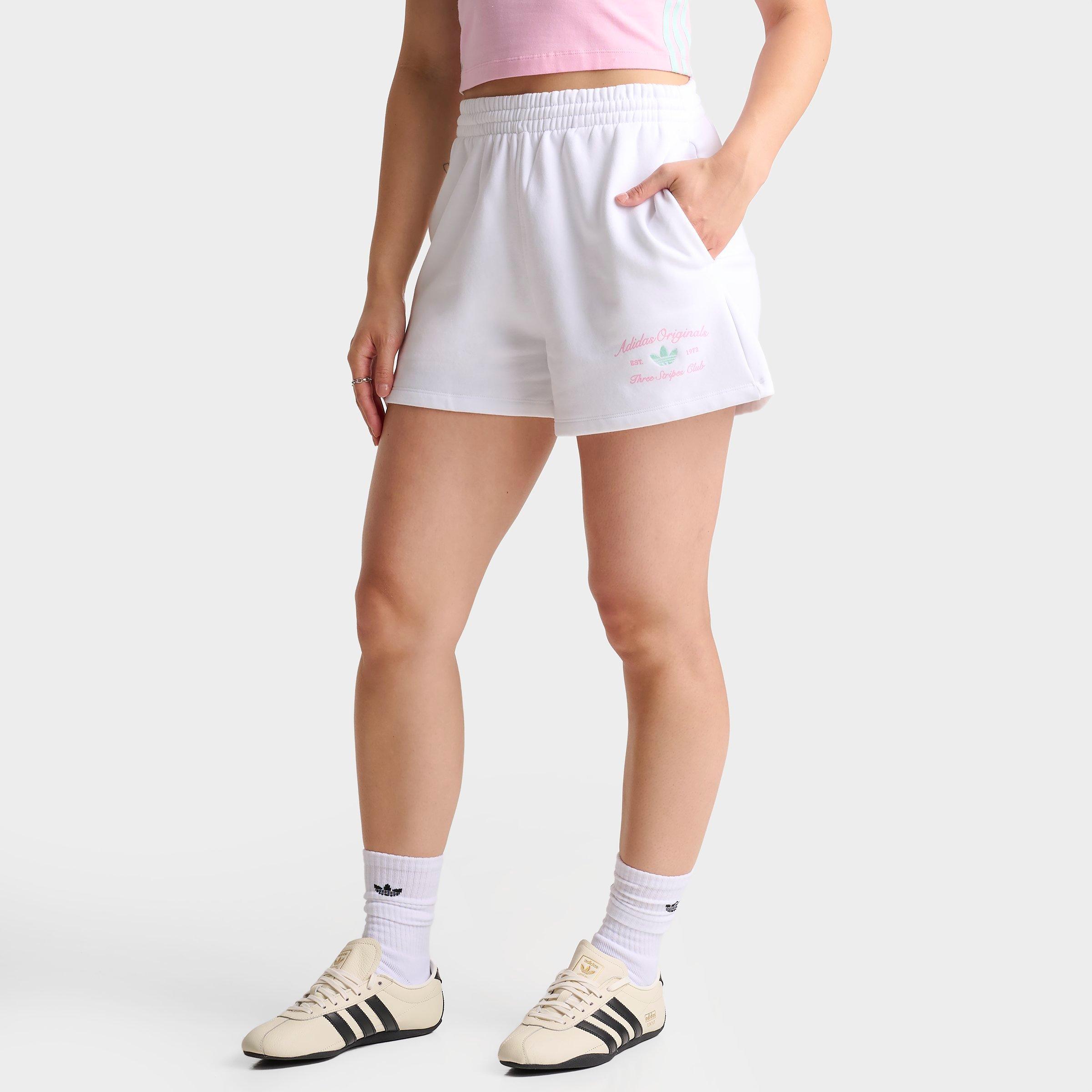 adidas Women's Originals Classic Sport Script Logo Fleece Shorts in White/True Pink/Clear Mint Size: Medium