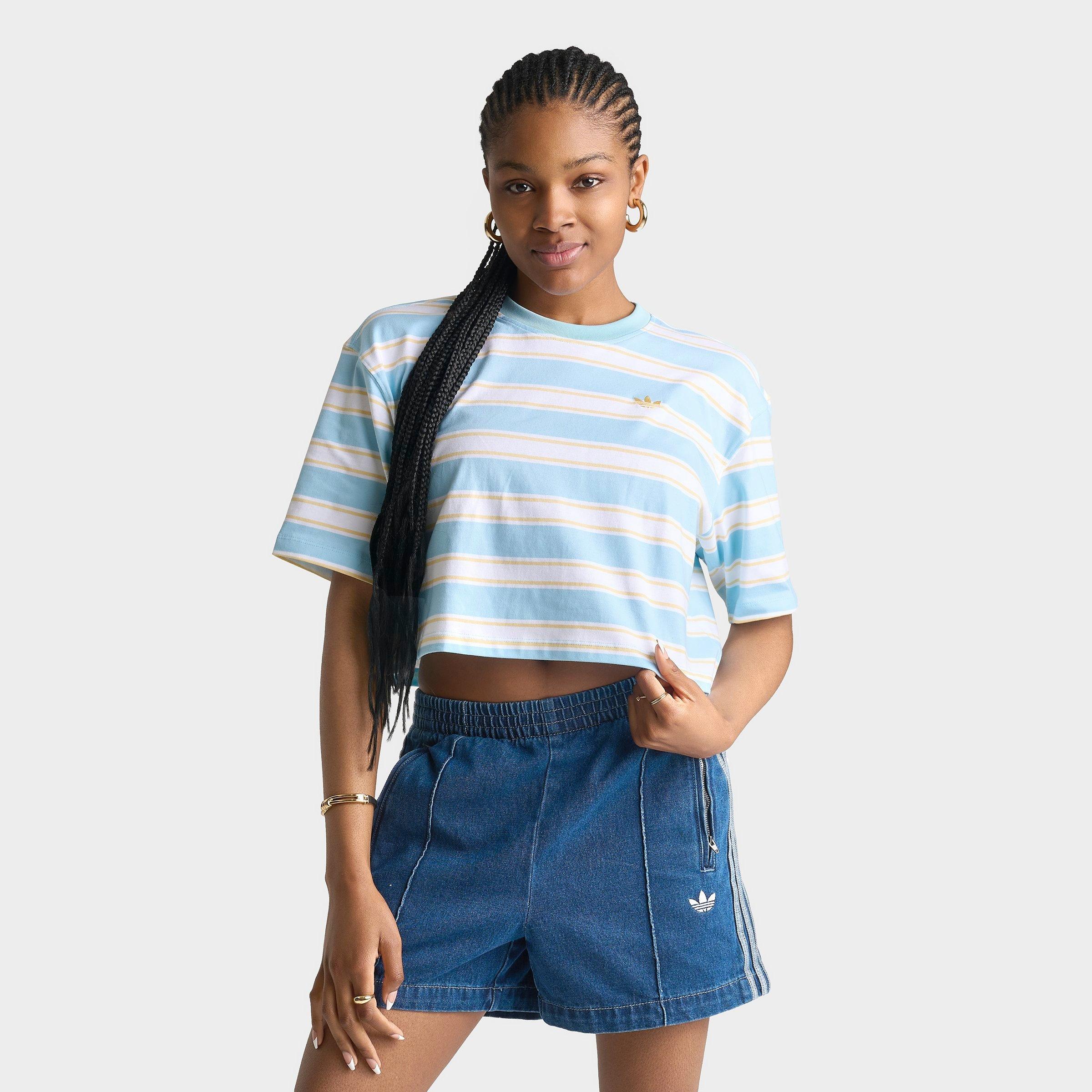 adidas Women's Originals Striped Oversized Cropped T-Shirt in Icey Blue/Orange Tint Size: Large