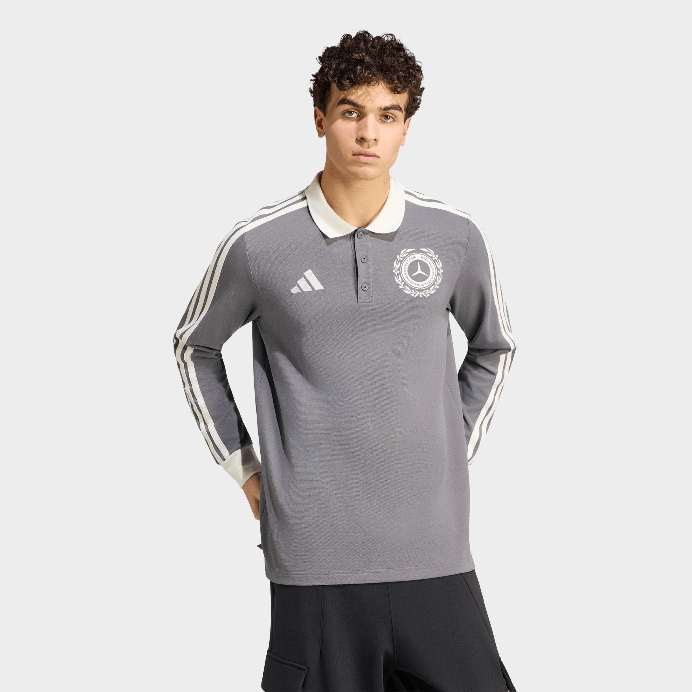 adidas Men's Mercedes-AMG Petronas F1 Team Silver Arrows Icon Long-Sleeve Polo Shirt in Granite/Off White Size: XL