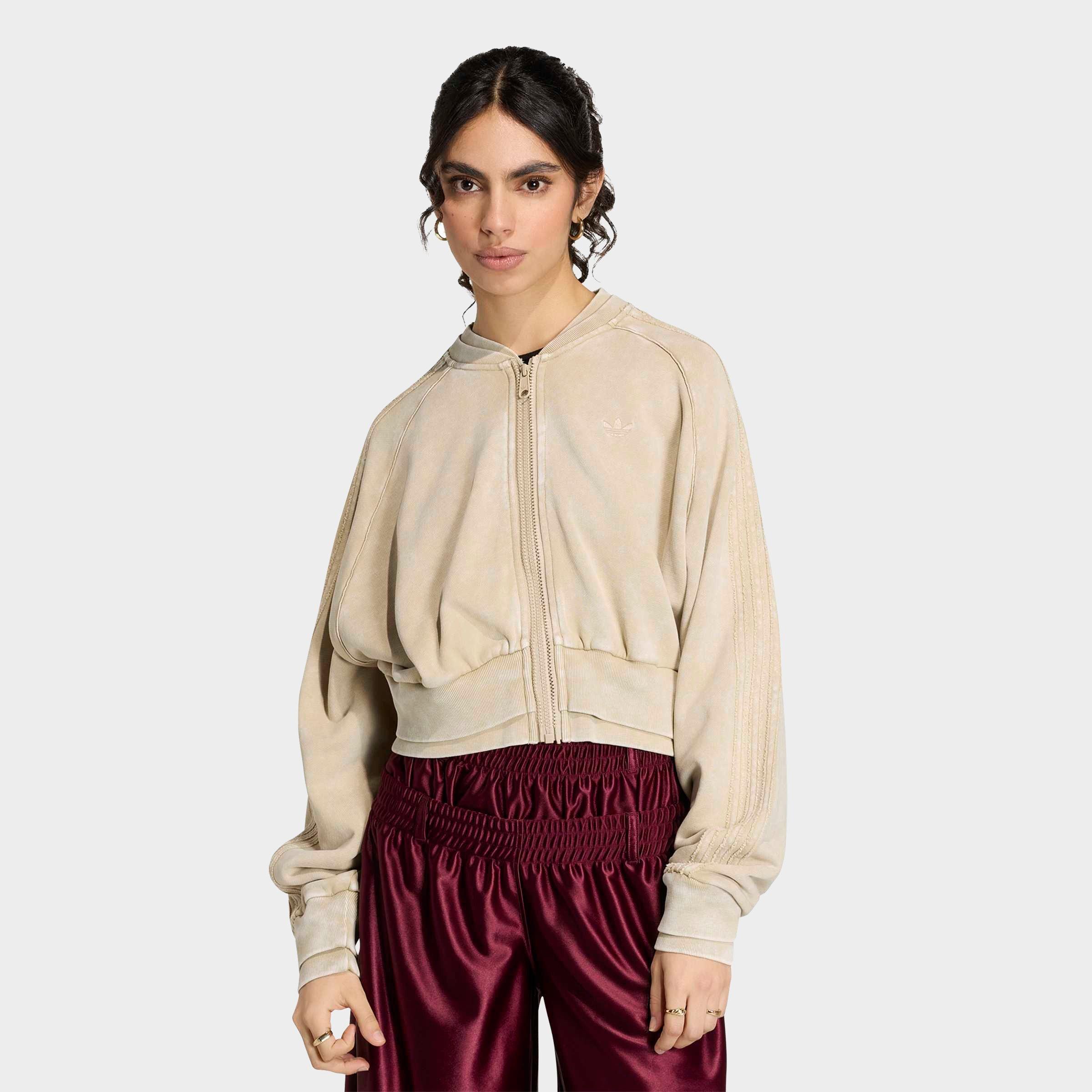 adidas Women's Originals Superstar Double Layered Cropped Full-Zip Track Top in Khaki Three Size: XXS