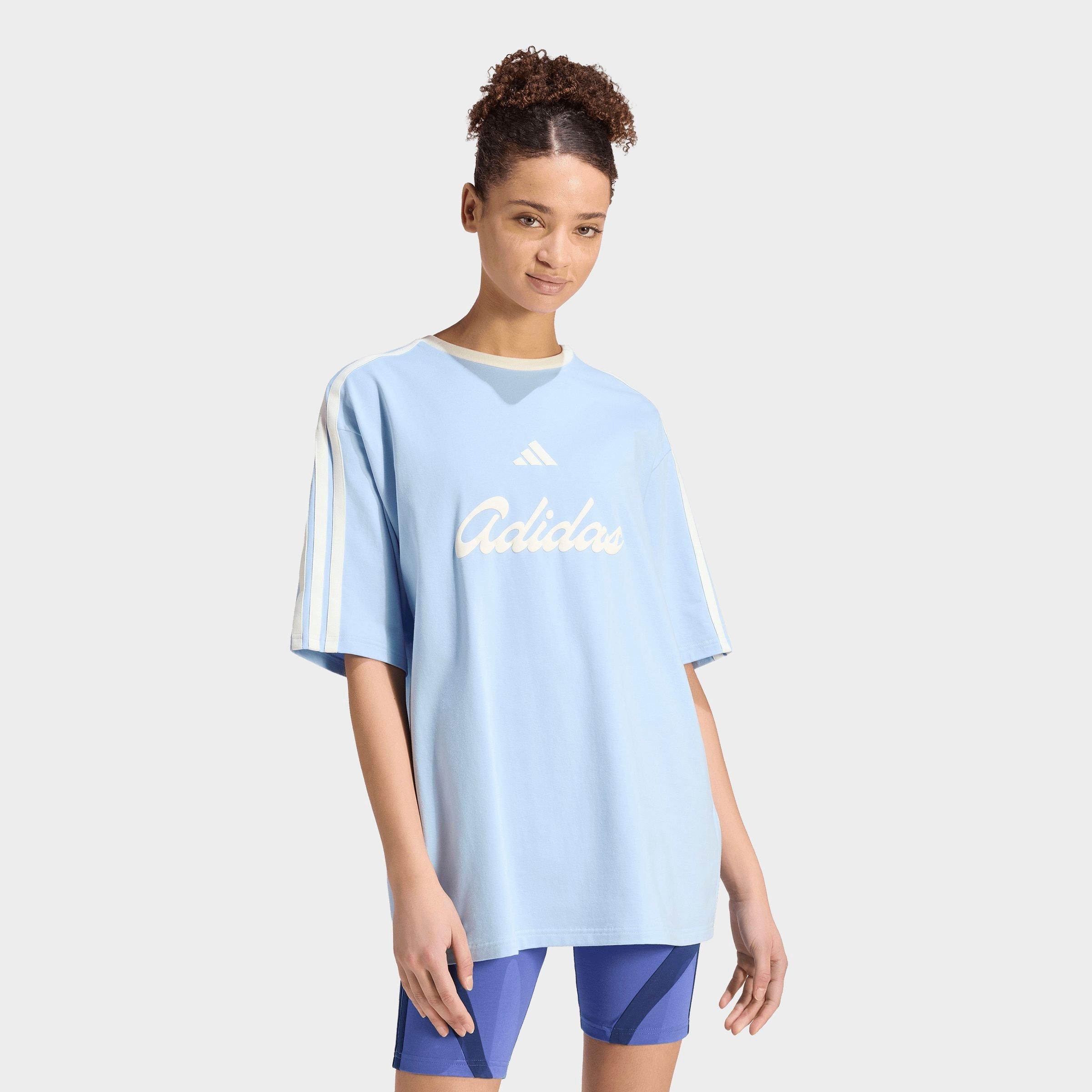 adidas Women's Sportswear Lux Tiro Loose Graphic T-Shirt in Glow Blue Size: XS