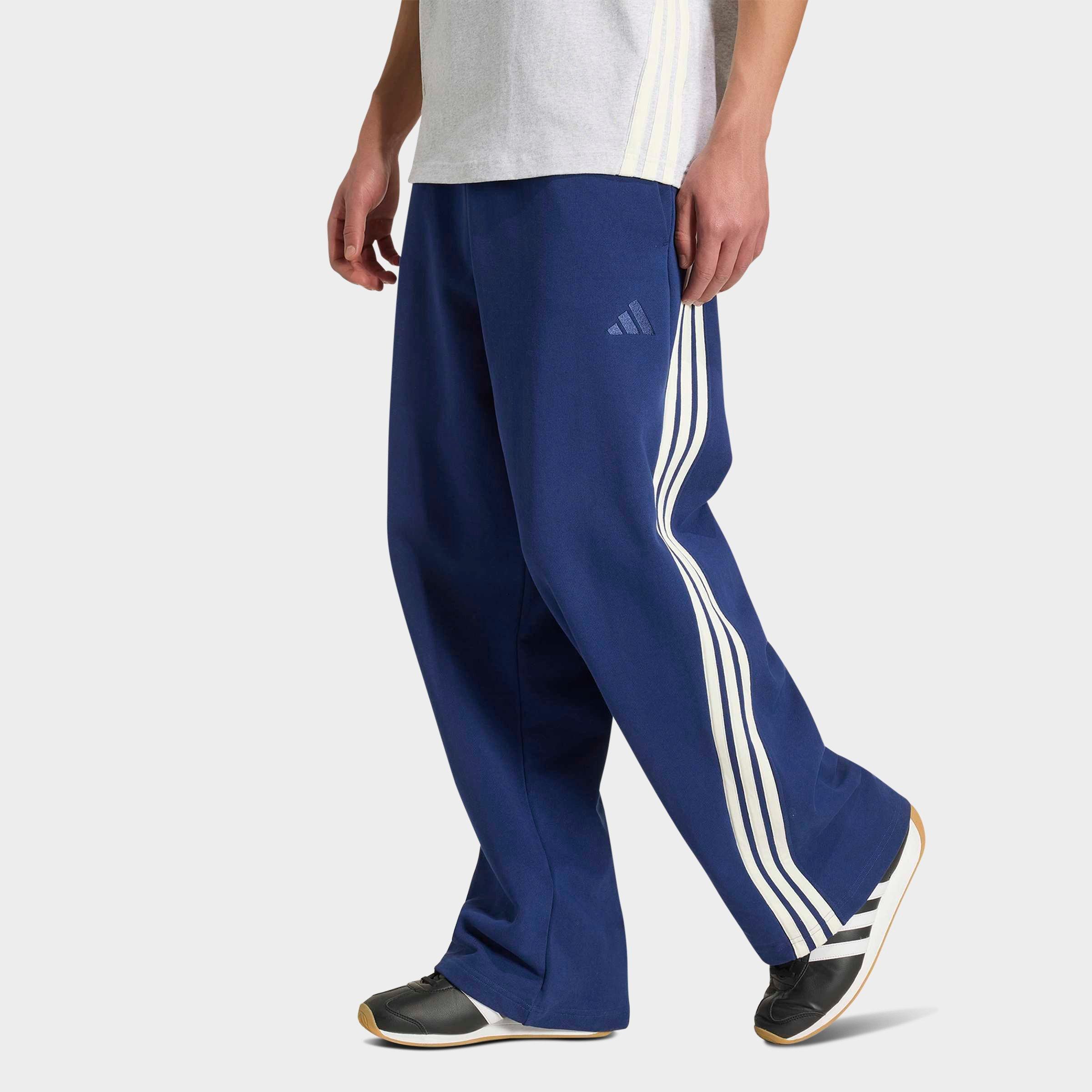 adidas Men's KIT 3-Stripes Wide French Terry Pants in Dark Blue/Off White Size: Small