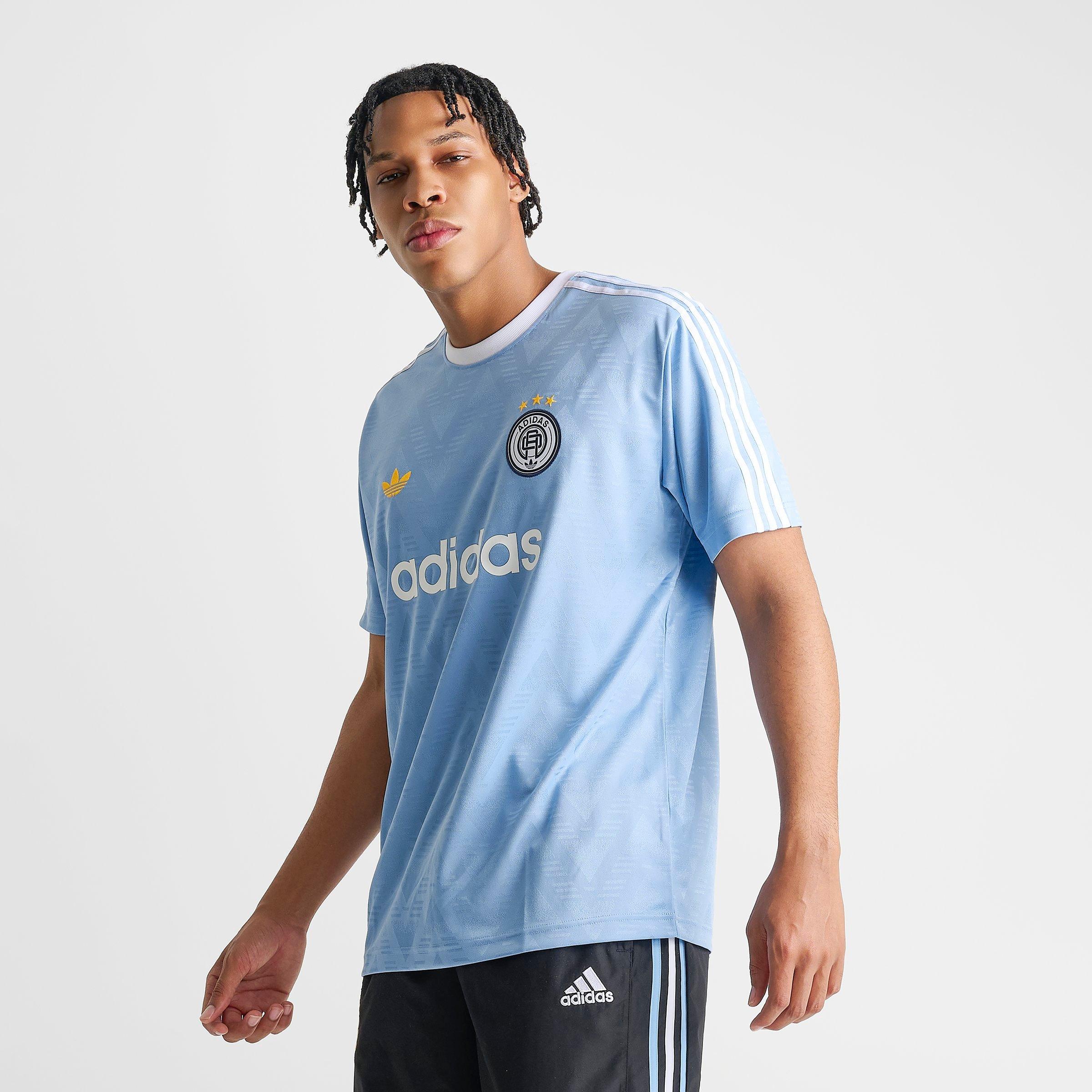 adidas Men's Originals Jacquard Print Lifestyle Soccer Jersey in Ash Blue Size: Small