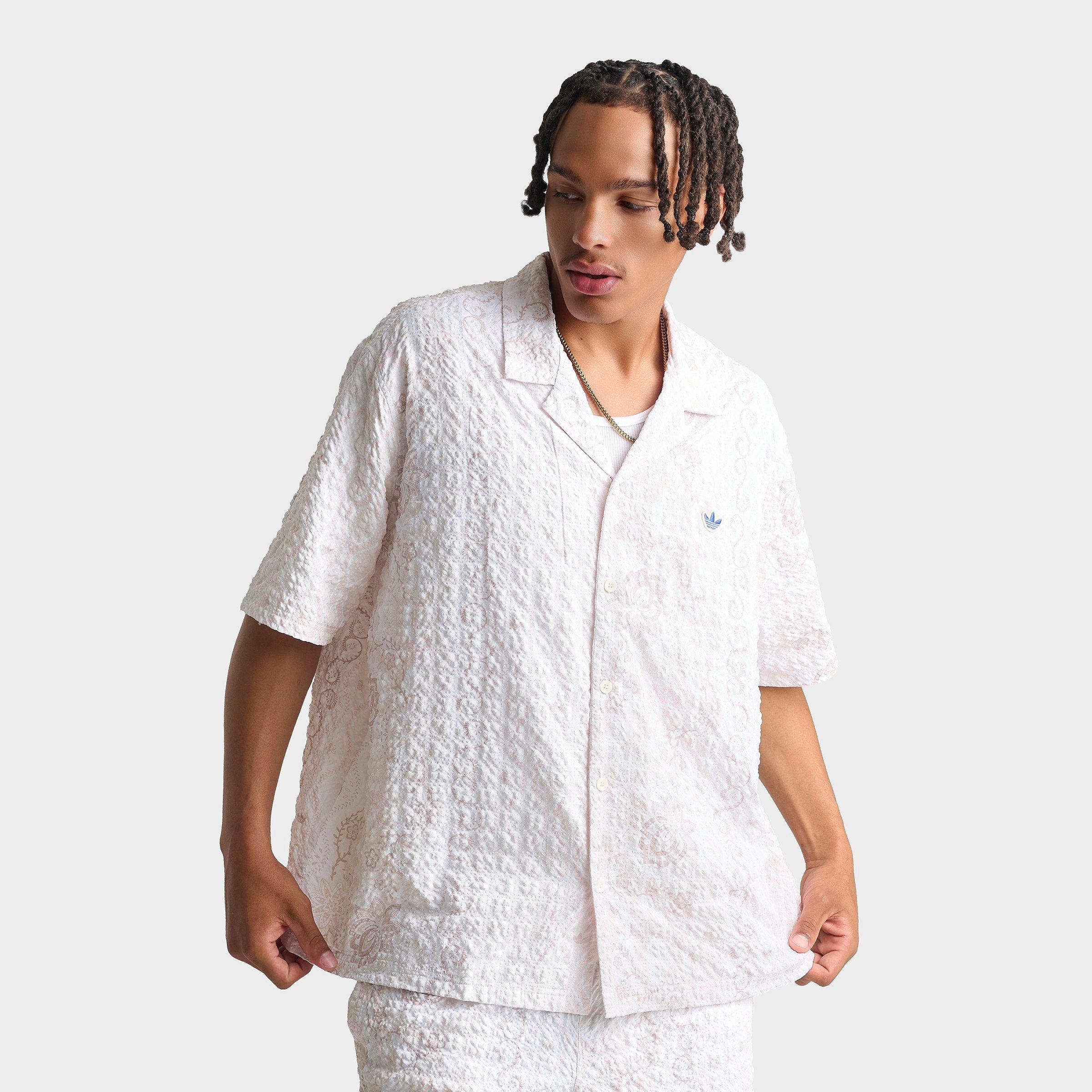 adidas Men's Originals Summer Glow Printed Seersucker Resort Shirt in Off White Size: XL