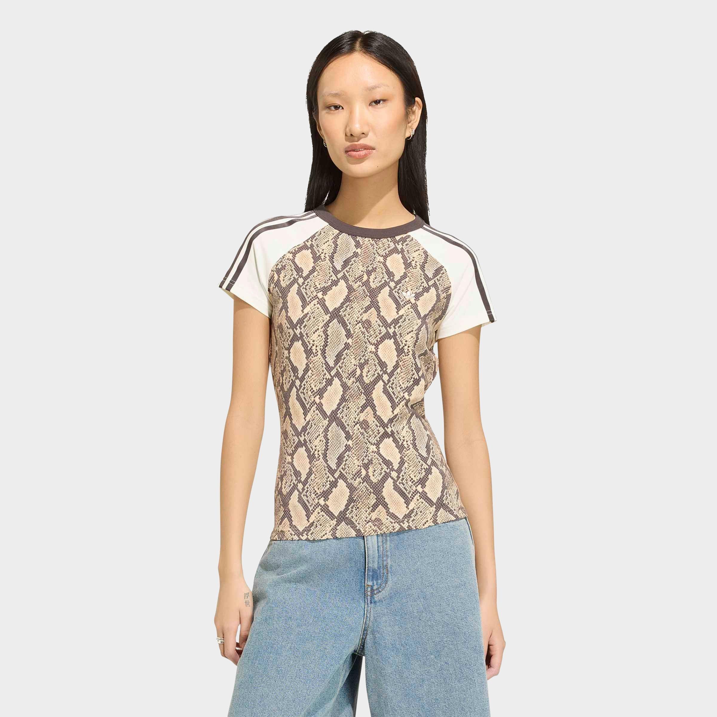 adidas Women's Originals Snakeskin Print Cali T-Shirt in Linen/Magic Beige Size: 2XL