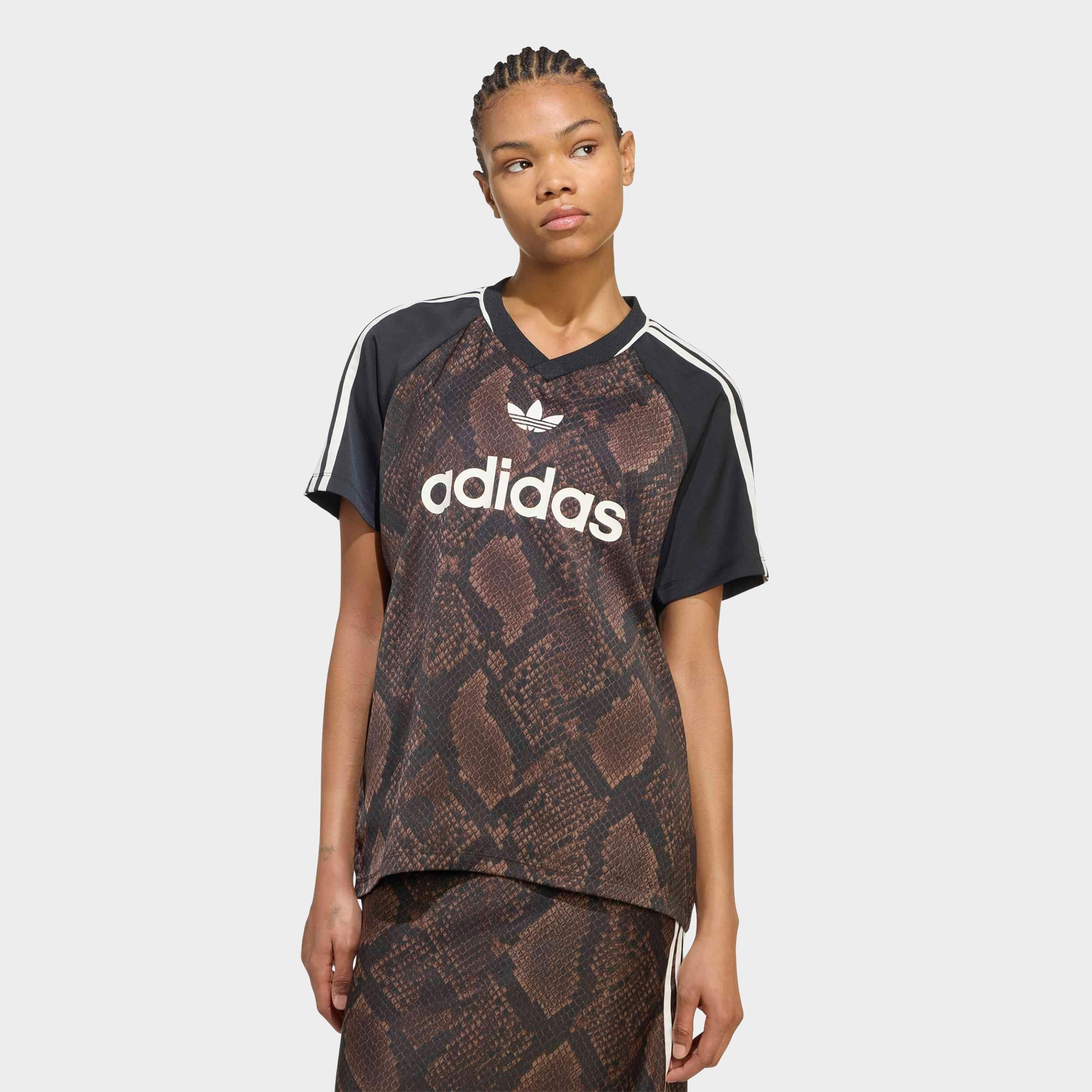 adidas Women's Originals Snake Print Satin Jersey in Earth Strata/Aurora Coffee Size: XS