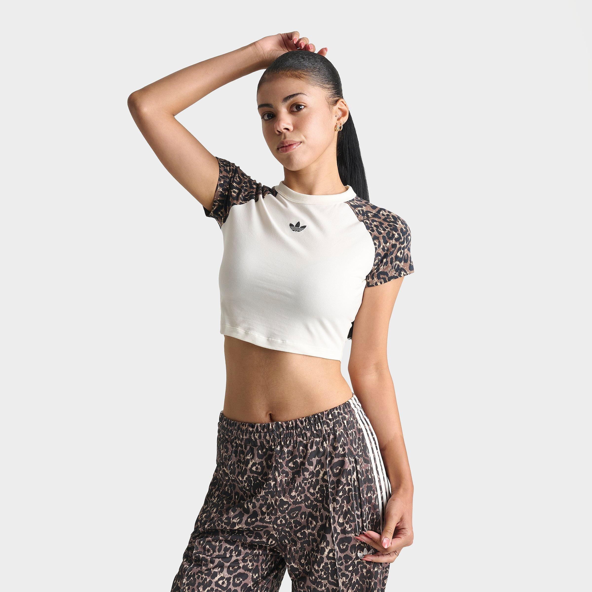 adidas Women's Originals Leopard Raglan Slim T-Shirt in Leopard/Off White Size: Large
