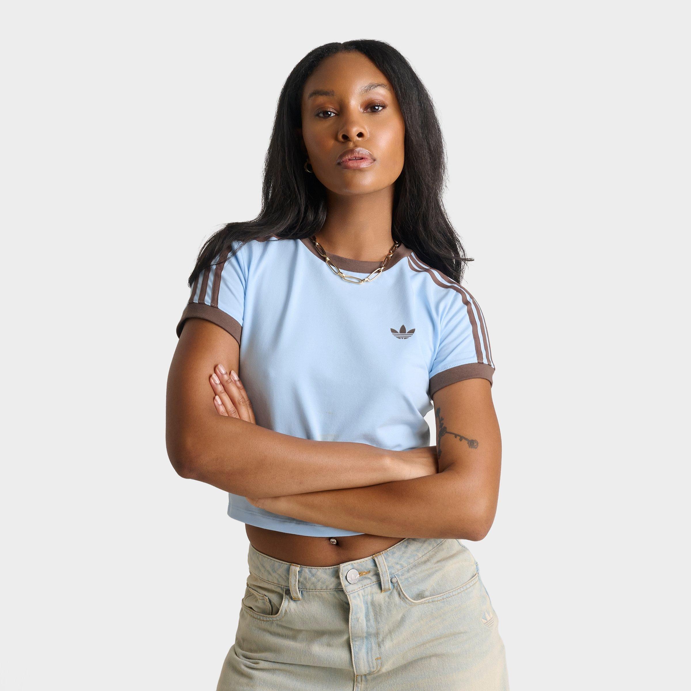 adidas Women's Originals adicolor 3-Stripes Baby T-Shirt in Ice Blue Size: Small