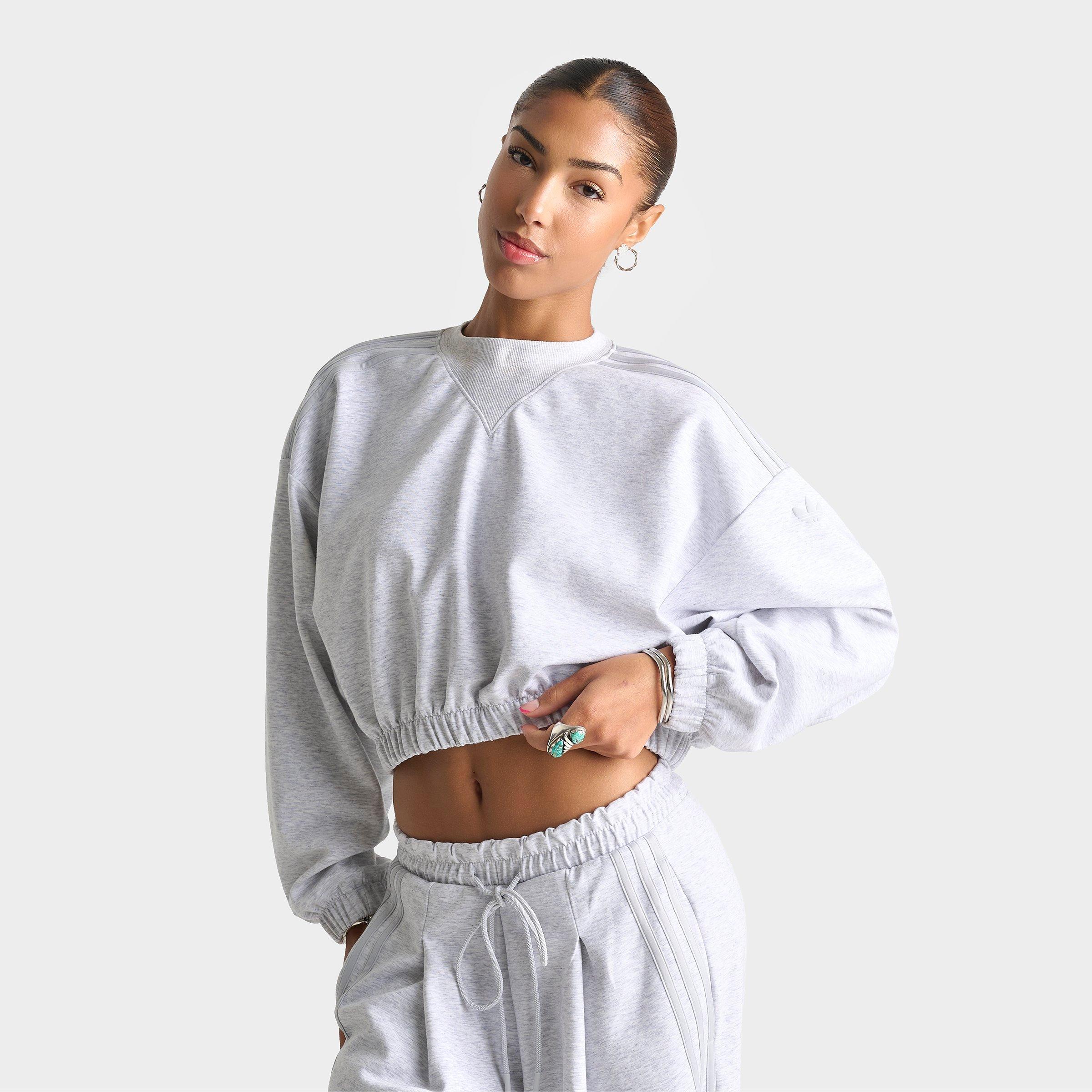adidas Women's Originals Aura Spacer Oversized Cropped Crewneck Sweatshirt in Light Grey Heather Size: Small