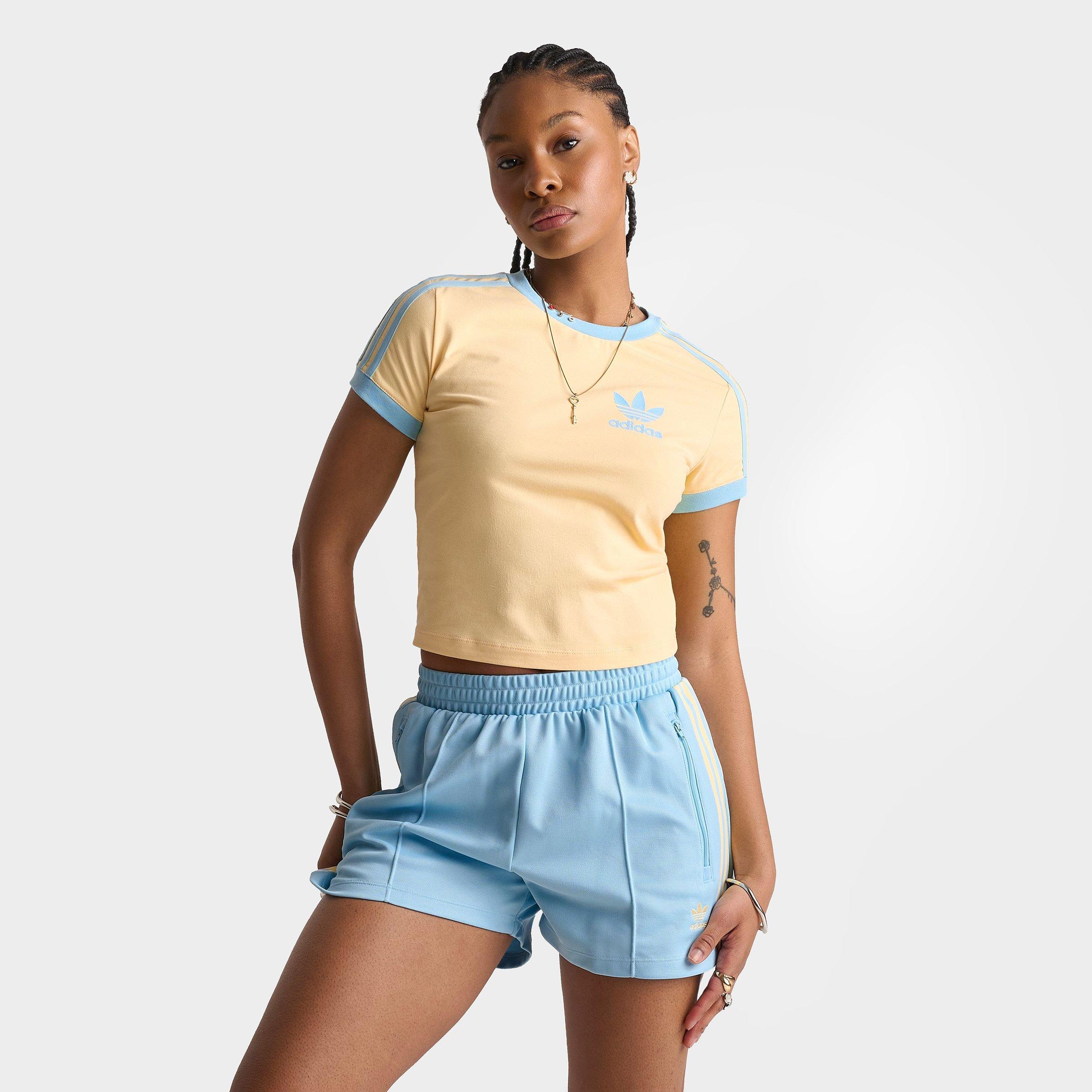 adidas Women's Originals adicolor 3-Stripes Baby T-Shirt in Orange Tint/Icey Blue Size: Medium
