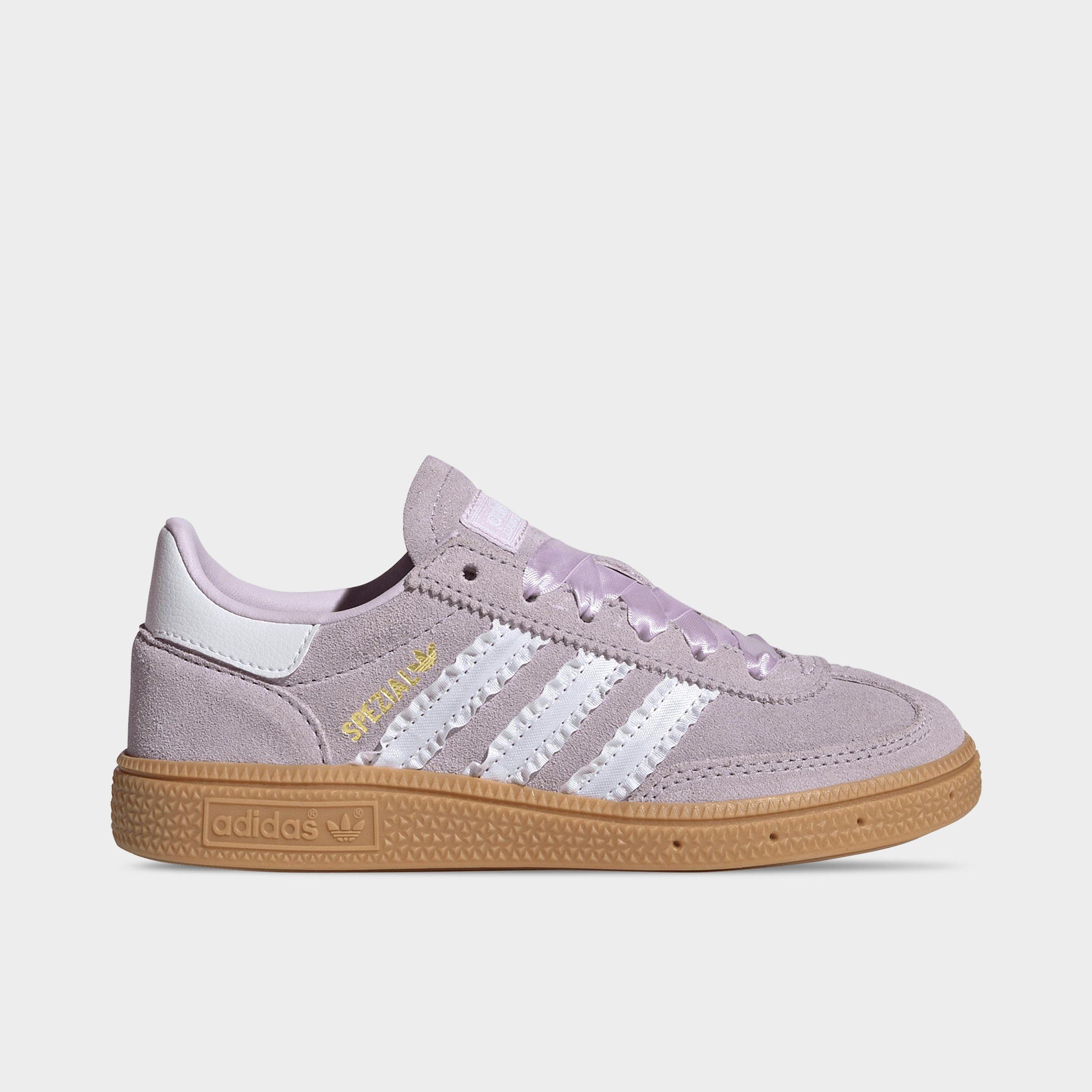 adidas Girls' Little Kids Originals Handball Spezial Casual Shoes in Ice Lavender/Cloud White/Gum Size: 1.0