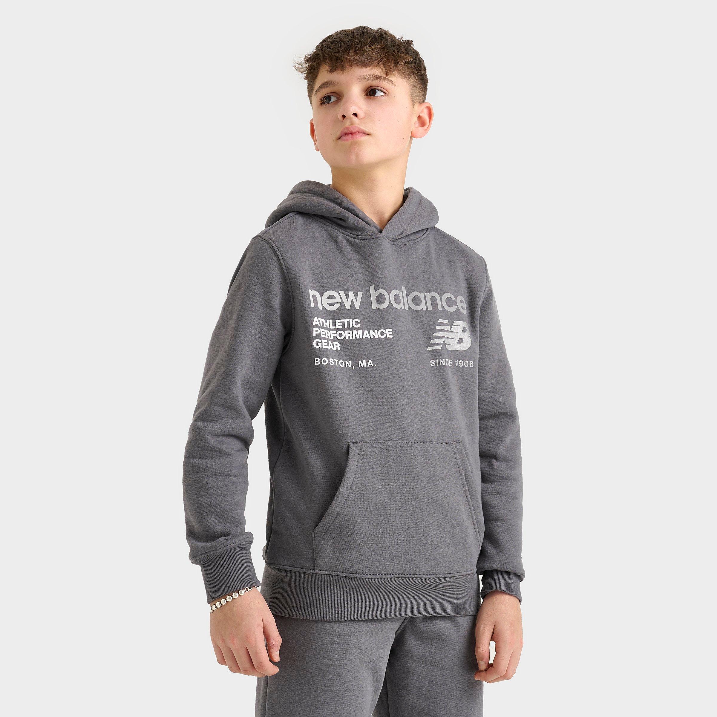 New Balance Big Kids Linear Logo Pullover Hoodie in Castlerock Size: Small