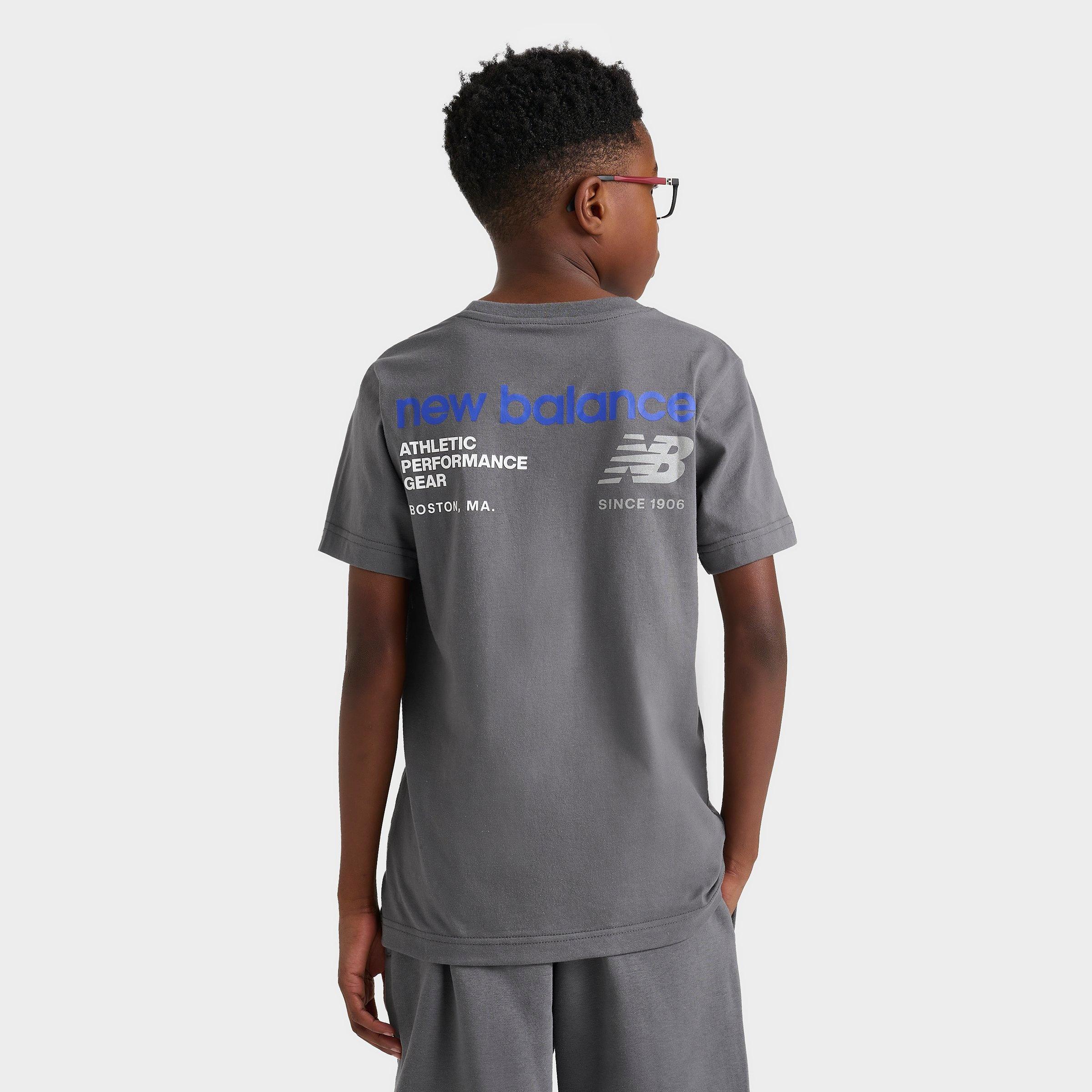 New Balance Big Kids Linear Logo Back Hit T-Shirt in Castlerock Size: Small