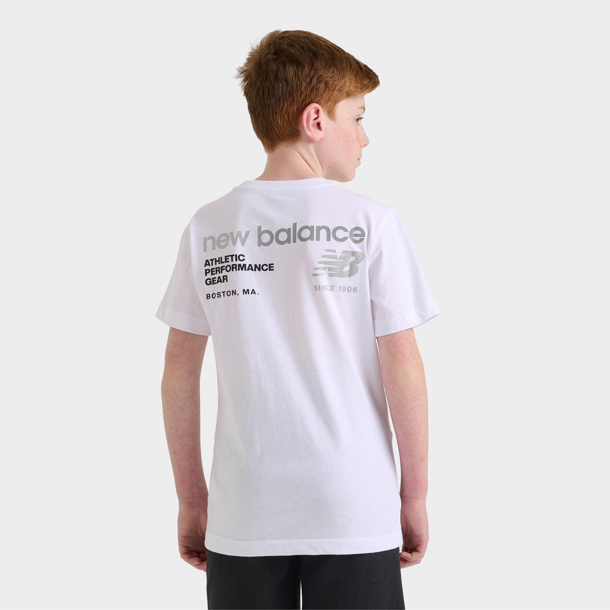 New Balance Big Kids Linear Logo Back Hit T-Shirt in White Size: Small