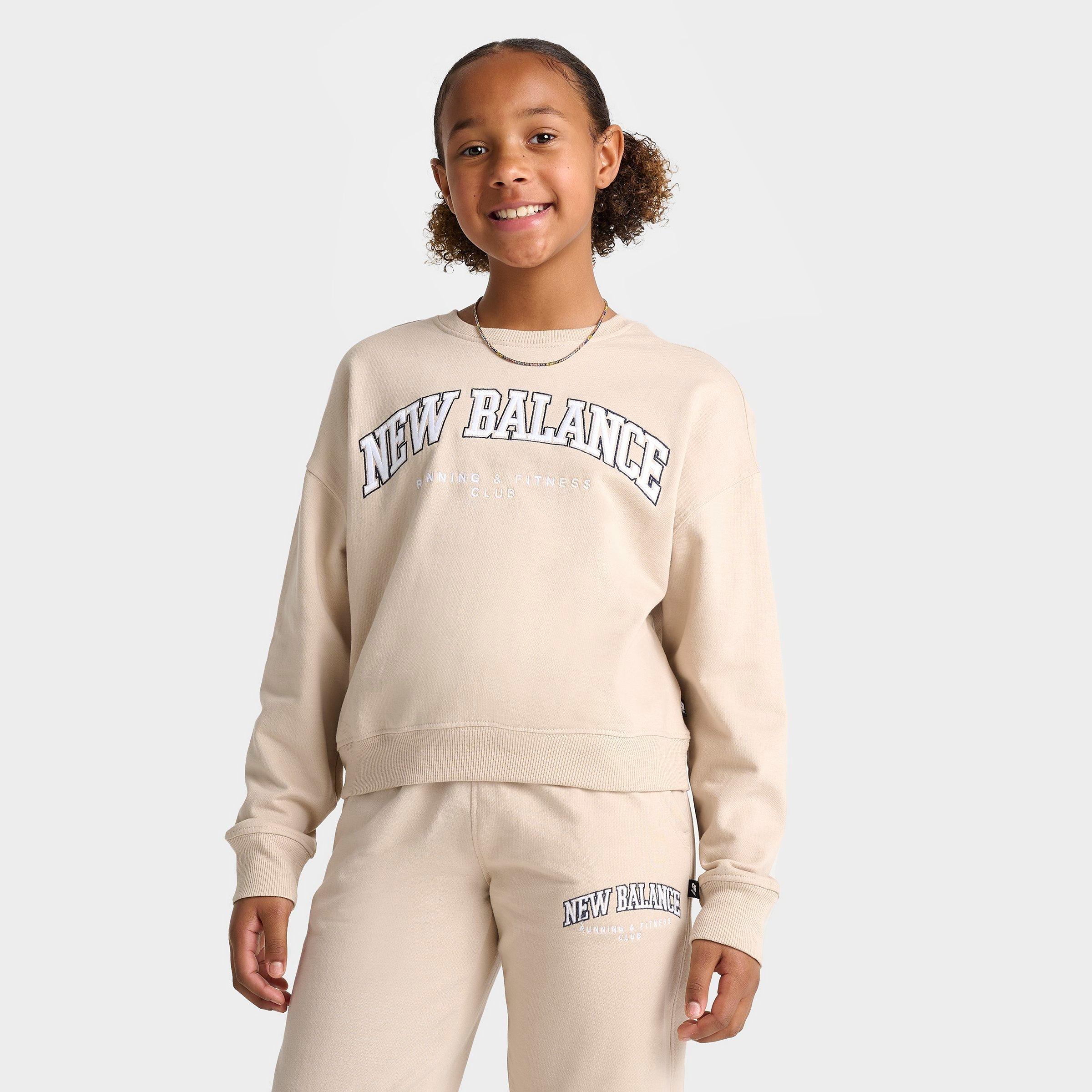 New Balance Girls' Big Kids Club Fleece Cropped Crewneck Sweatshirt in Timberwolf Size: Small