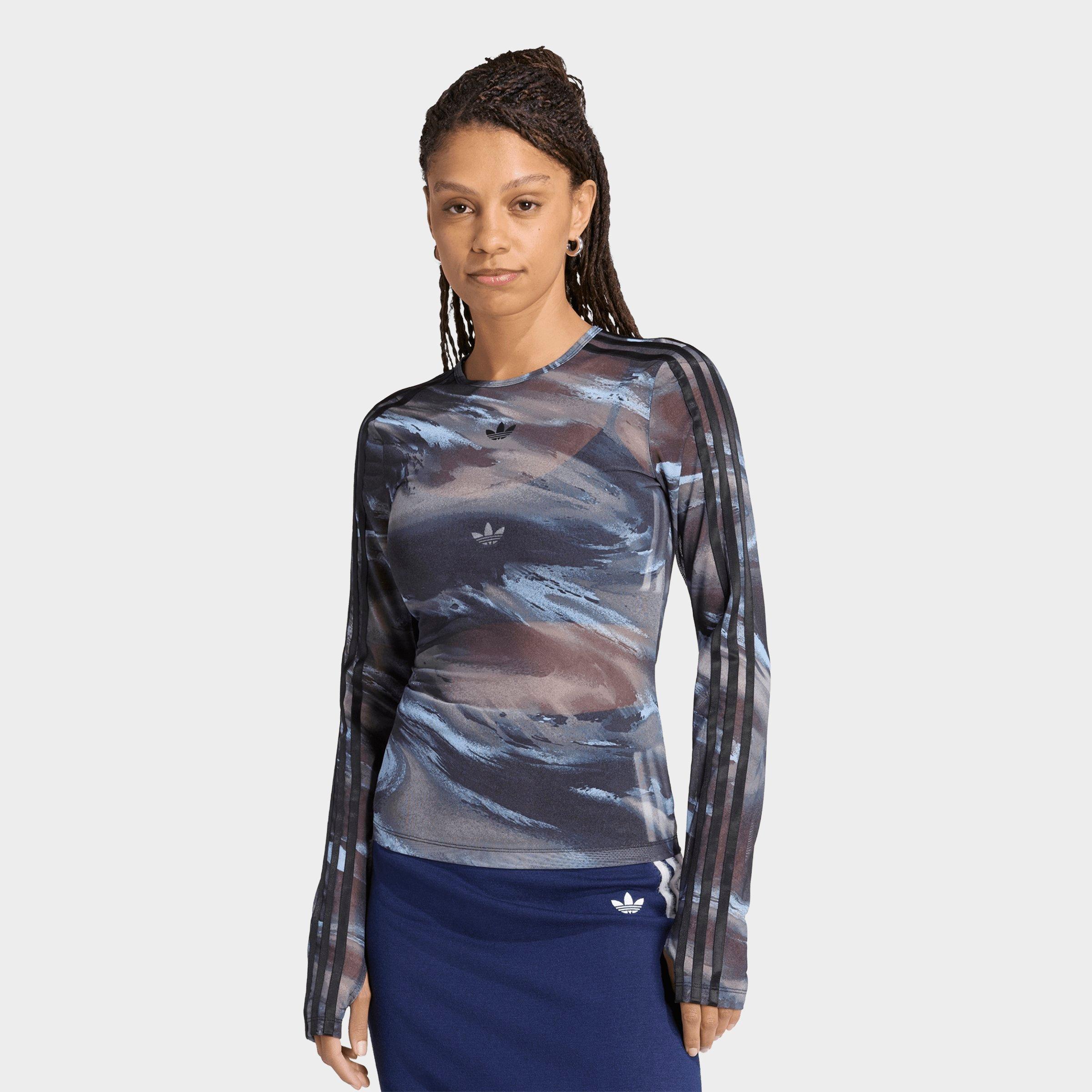 adidas Women's Originals Graphic Mesh Long-Sleeve T-Shirt in Olive Strata/Aurora Coffee/Crystal Sky Size: Small